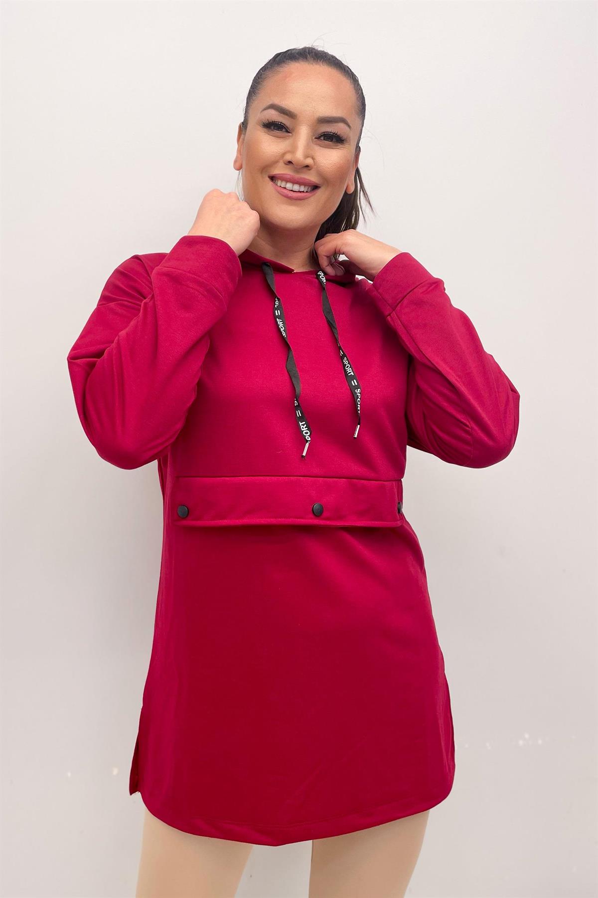 Sweatshirt Büyük Beden Önü Çıtçıt Detaylı Kapüşonlu Sweatshirt Bordo