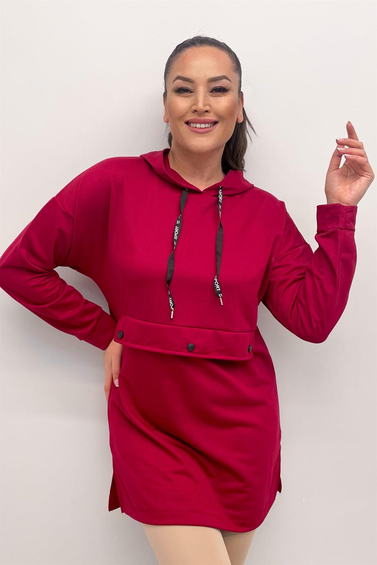 Sweatshirt Büyük Beden Önü Çıtçıt Detaylı Kapüşonlu Sweatshirt Bordo