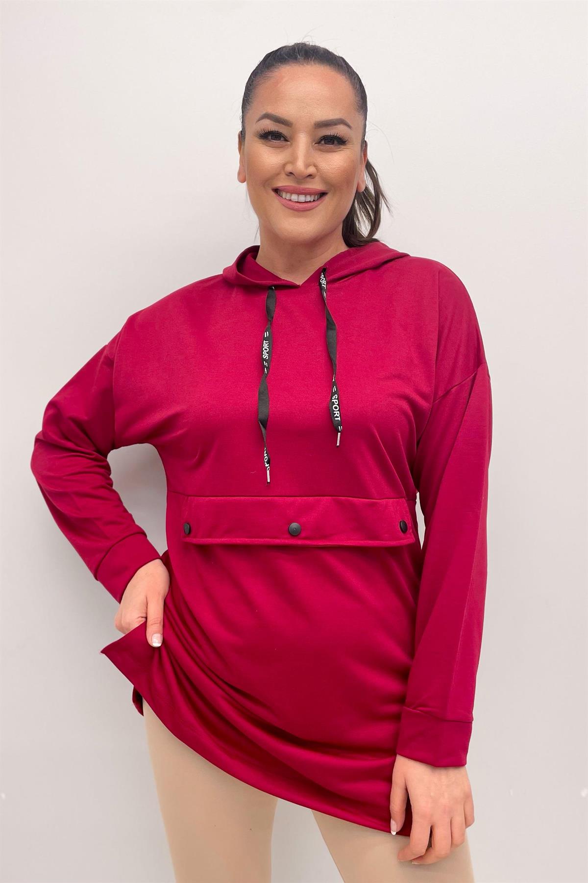 Sweatshirt Büyük Beden Önü Çıtçıt Detaylı Kapüşonlu Sweatshirt Bordo