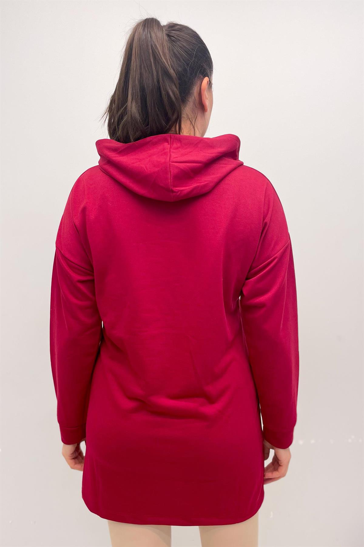 Sweatshirt Büyük Beden Önü Çıtçıt Detaylı Kapüşonlu Sweatshirt Bordo