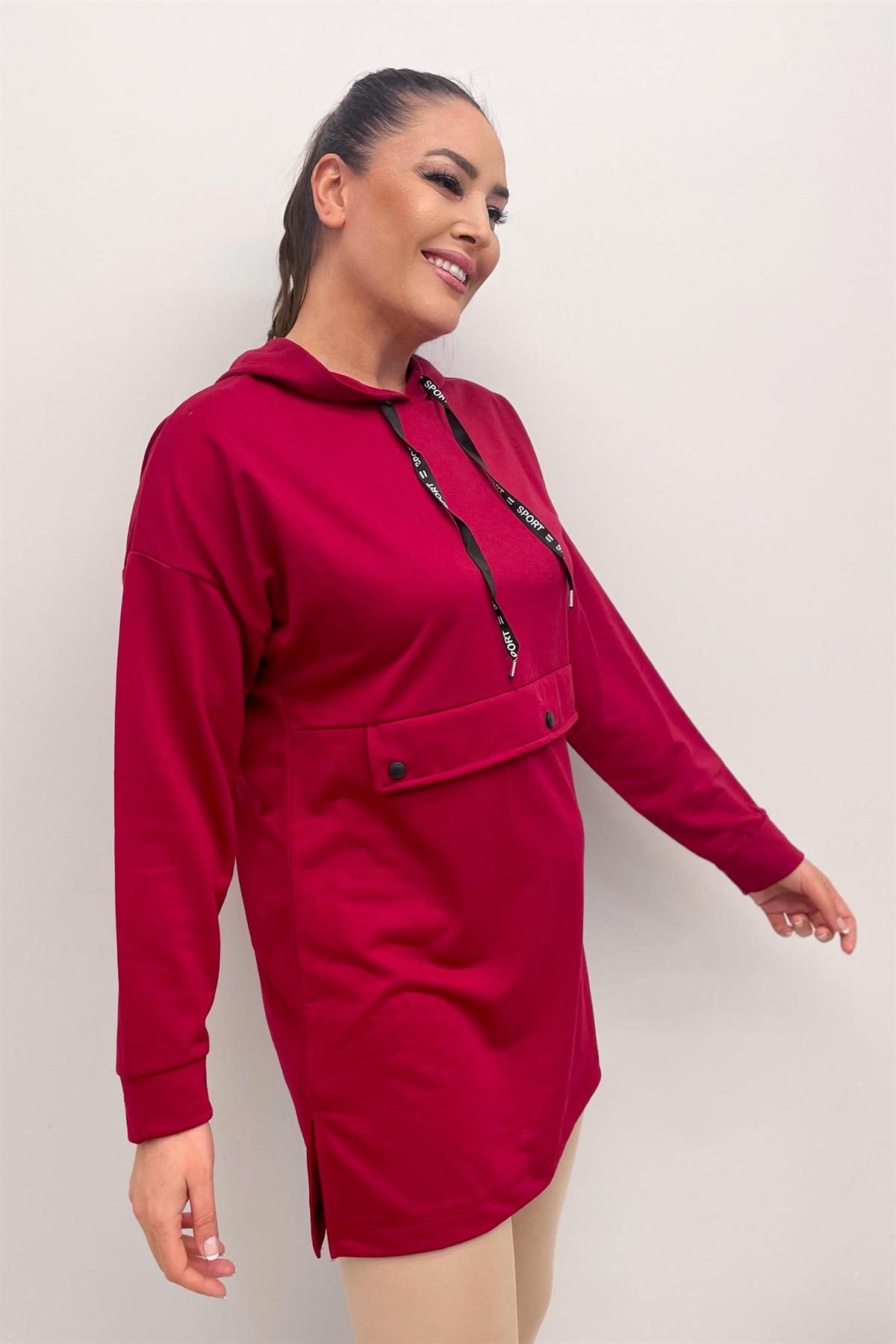 Sweatshirt Büyük Beden Önü Çıtçıt Detaylı Kapüşonlu Sweatshirt Bordo