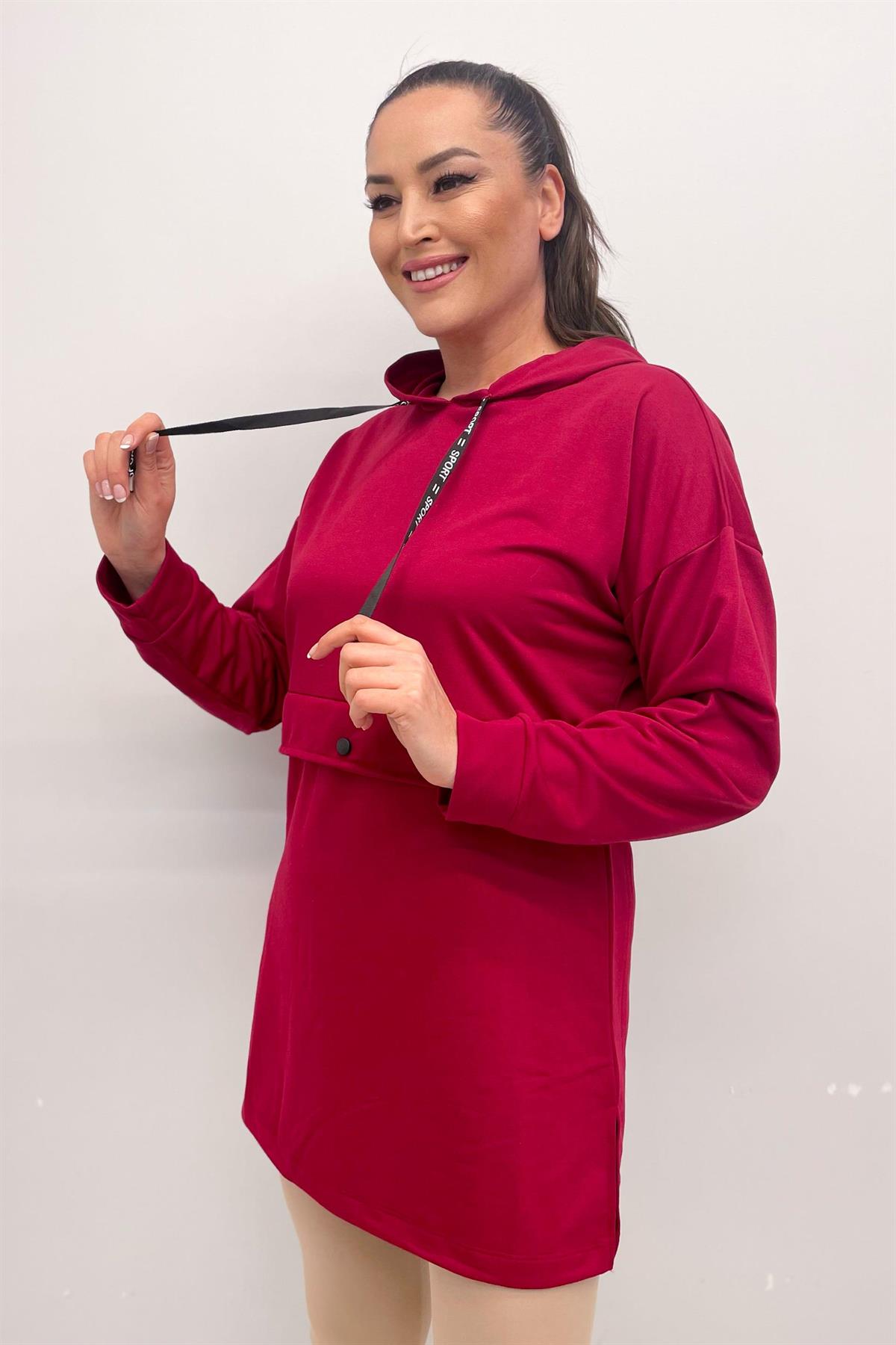 Sweatshirt Büyük Beden Önü Çıtçıt Detaylı Kapüşonlu Sweatshirt Bordo