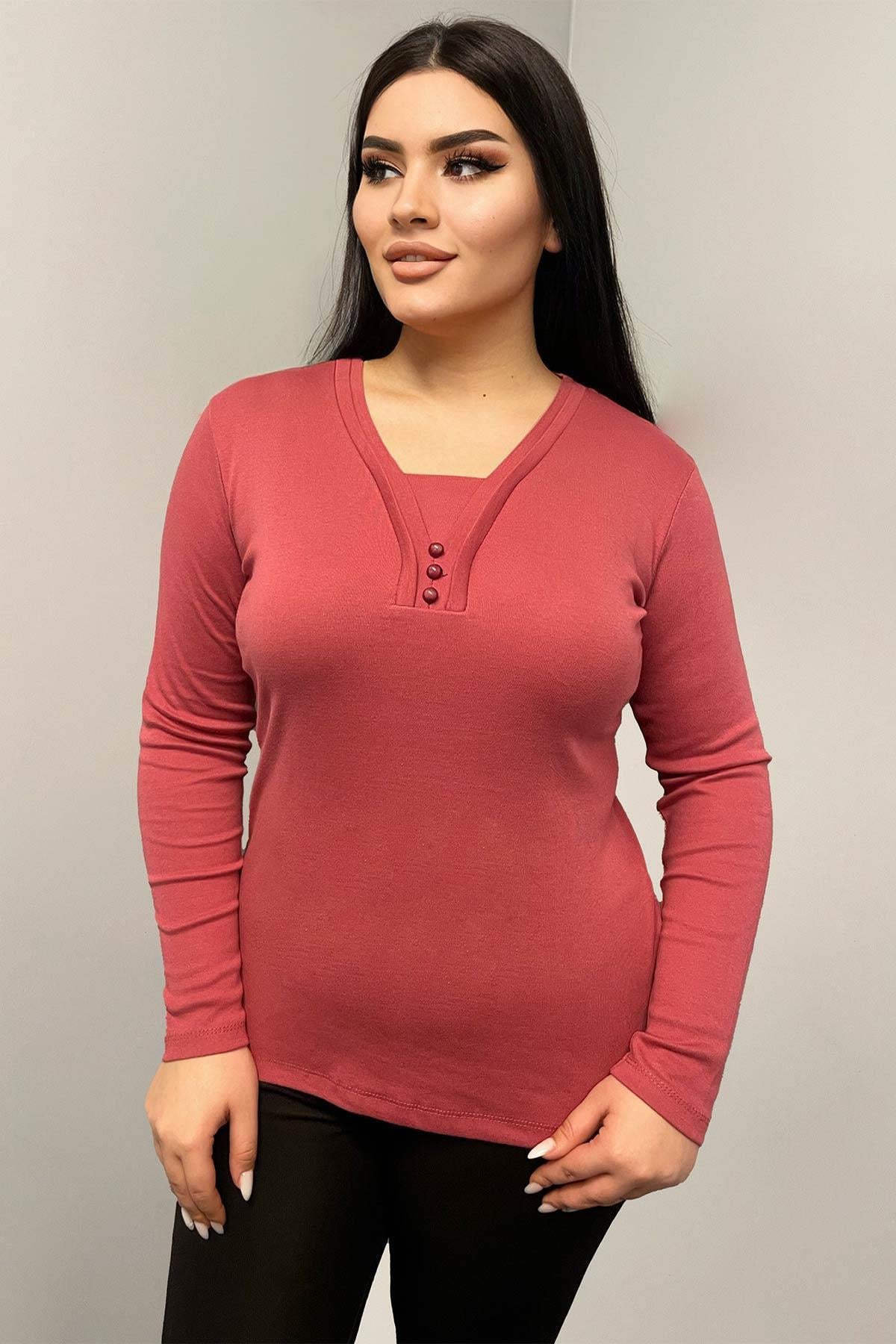 Uzun Kol Bluz Büyük Beden Önü Düğme Detaylı Anne Bluzu Gül Kurusu