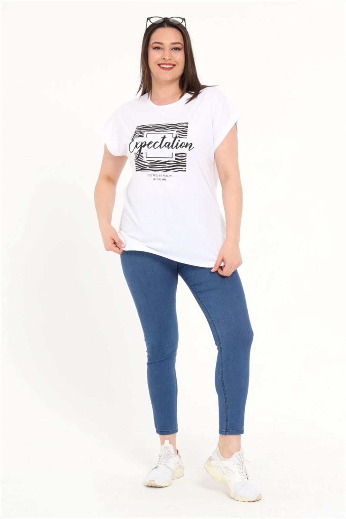 Tshirt Büyük Beden Önü Simli Yarasa Kol T-Shirt Beyaz