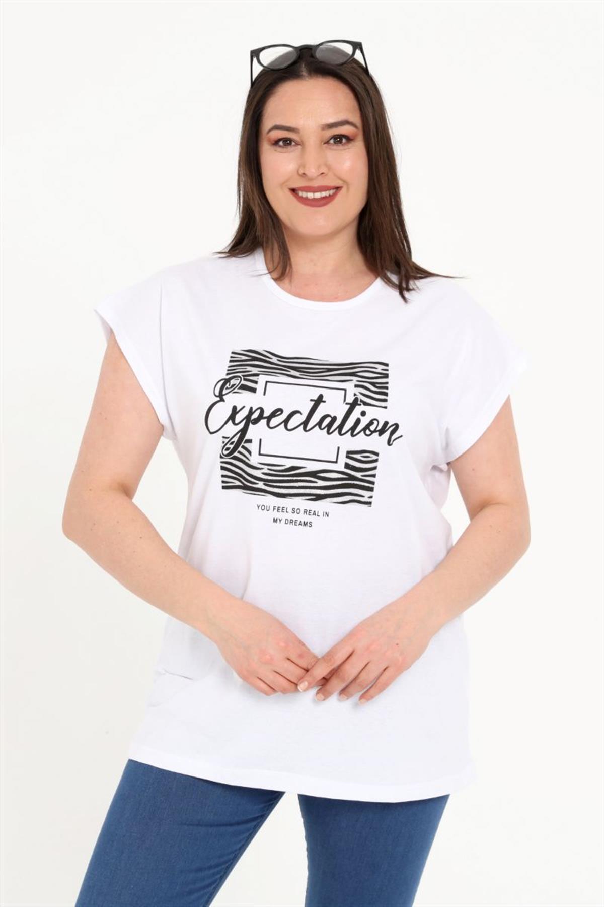 Tshirt Büyük Beden Önü Simli Yarasa Kol T-Shirt Beyaz