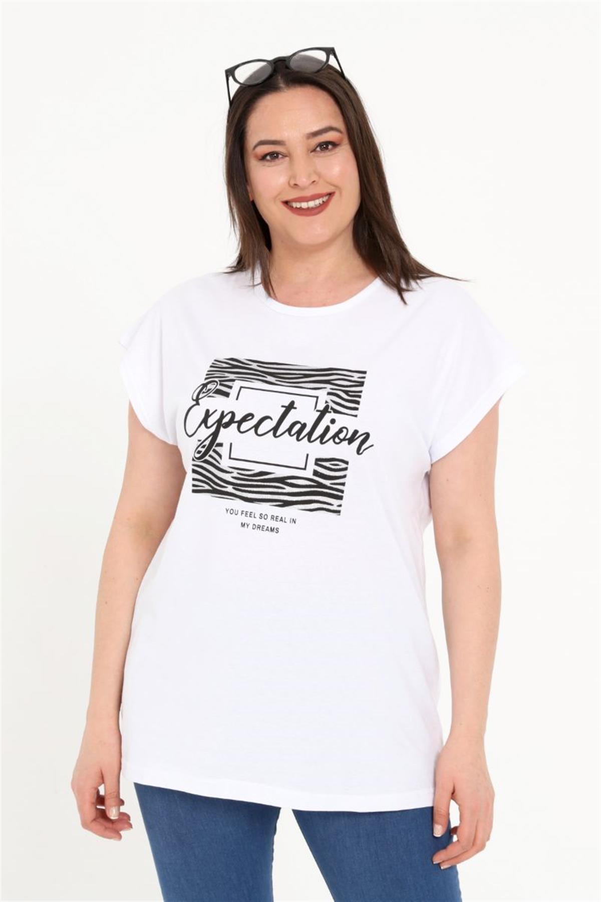 Tshirt Büyük Beden Önü Simli Yarasa Kol T-Shirt Beyaz