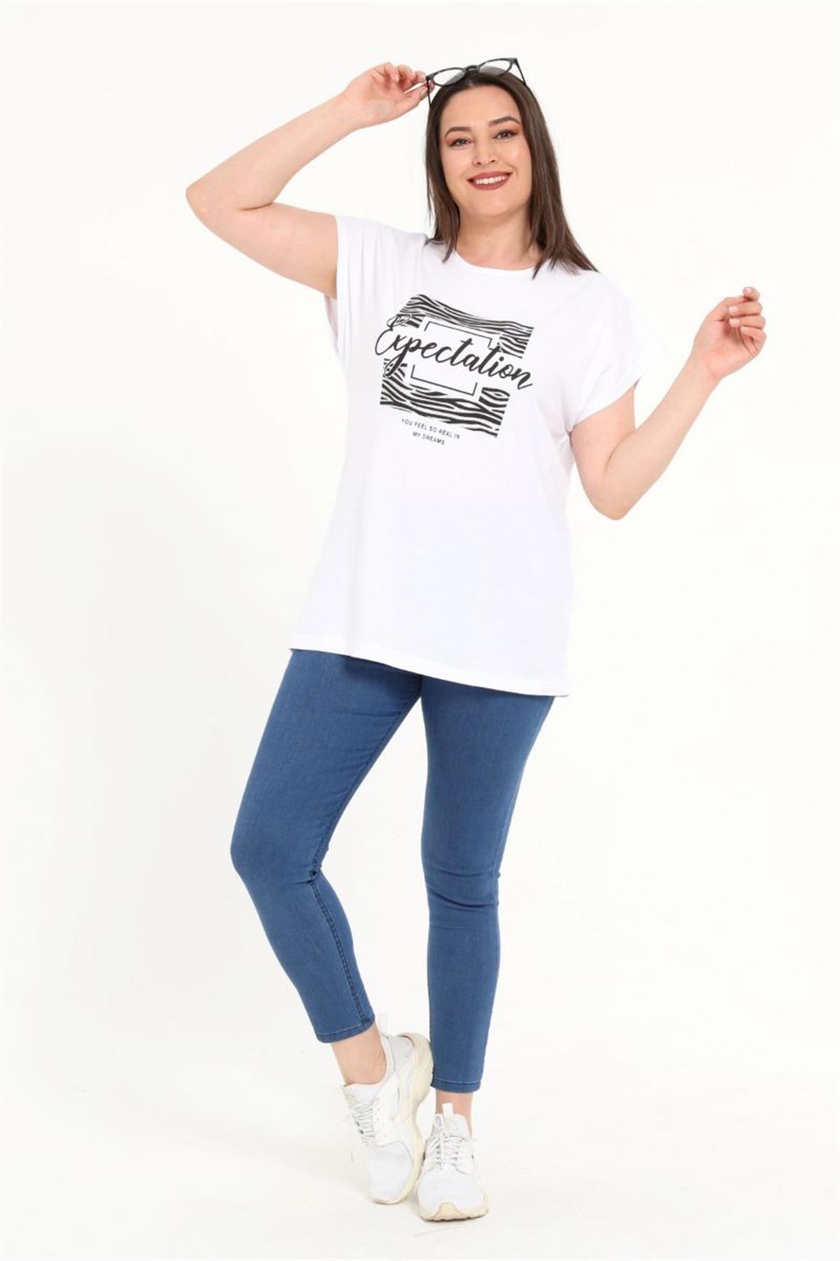 Tshirt Büyük Beden Önü Simli Yarasa Kol T-Shirt Beyaz