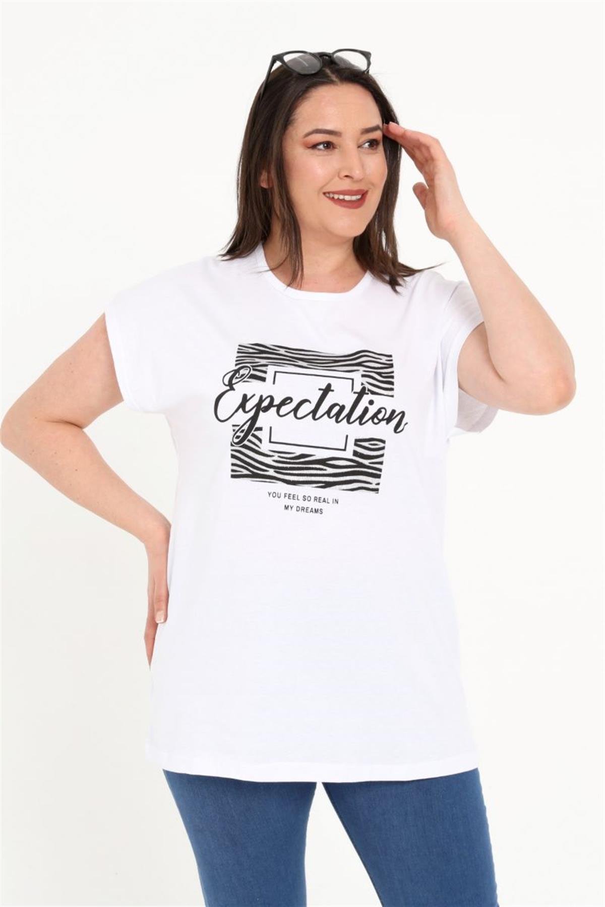 Tshirt Büyük Beden Önü Simli Yarasa Kol T-Shirt Beyaz