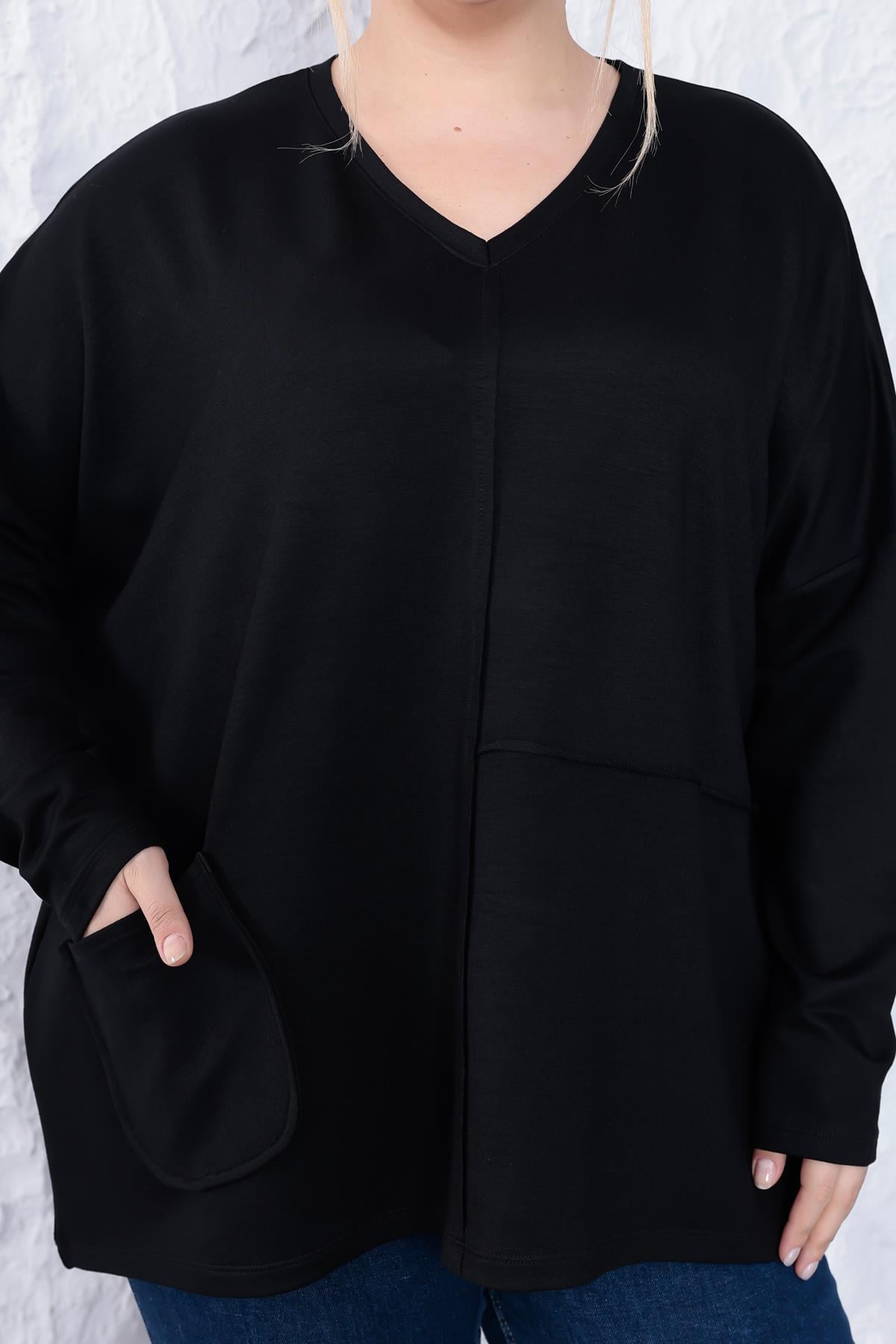 Uzun Kol Bluz Büyük Beden Oversize Cep Detaylı Modal Bluz
