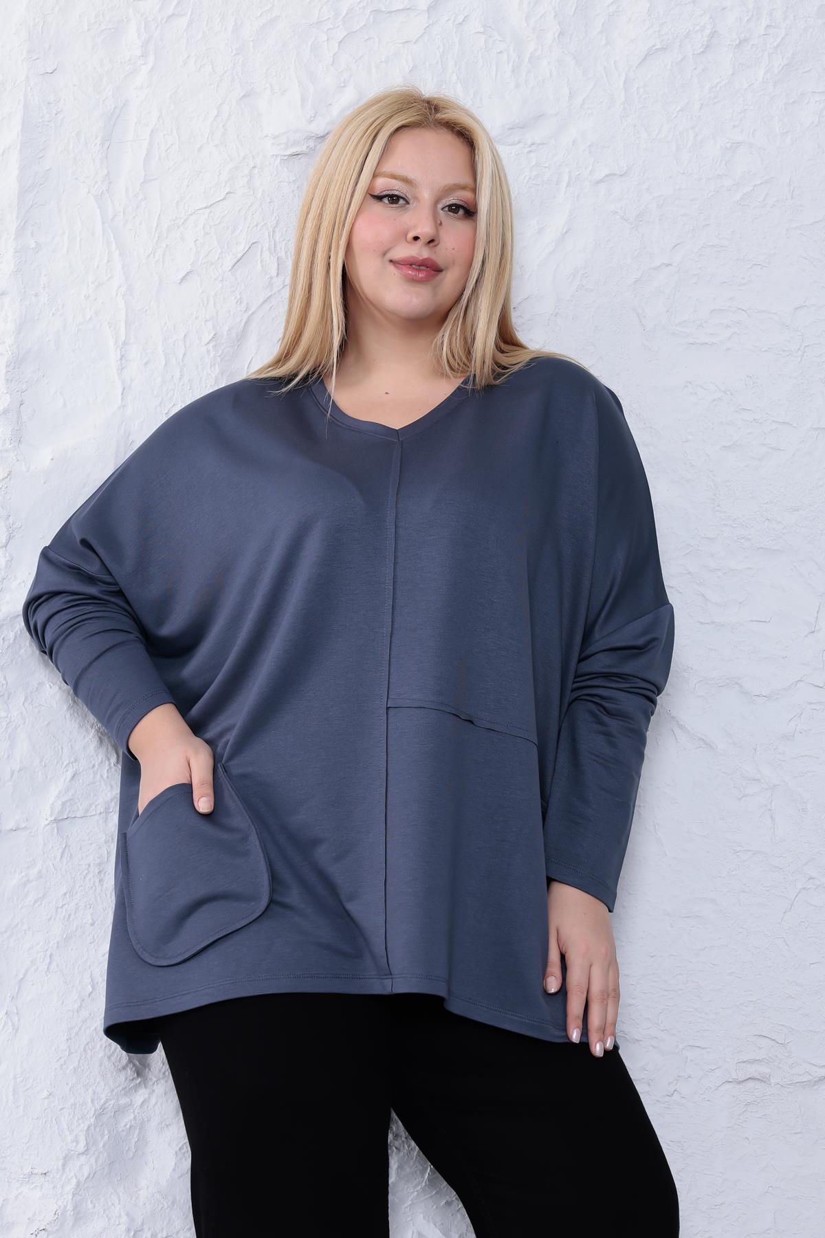 Uzun Kol Bluz Büyük Beden Oversize Cep Detaylı Modal Bluz