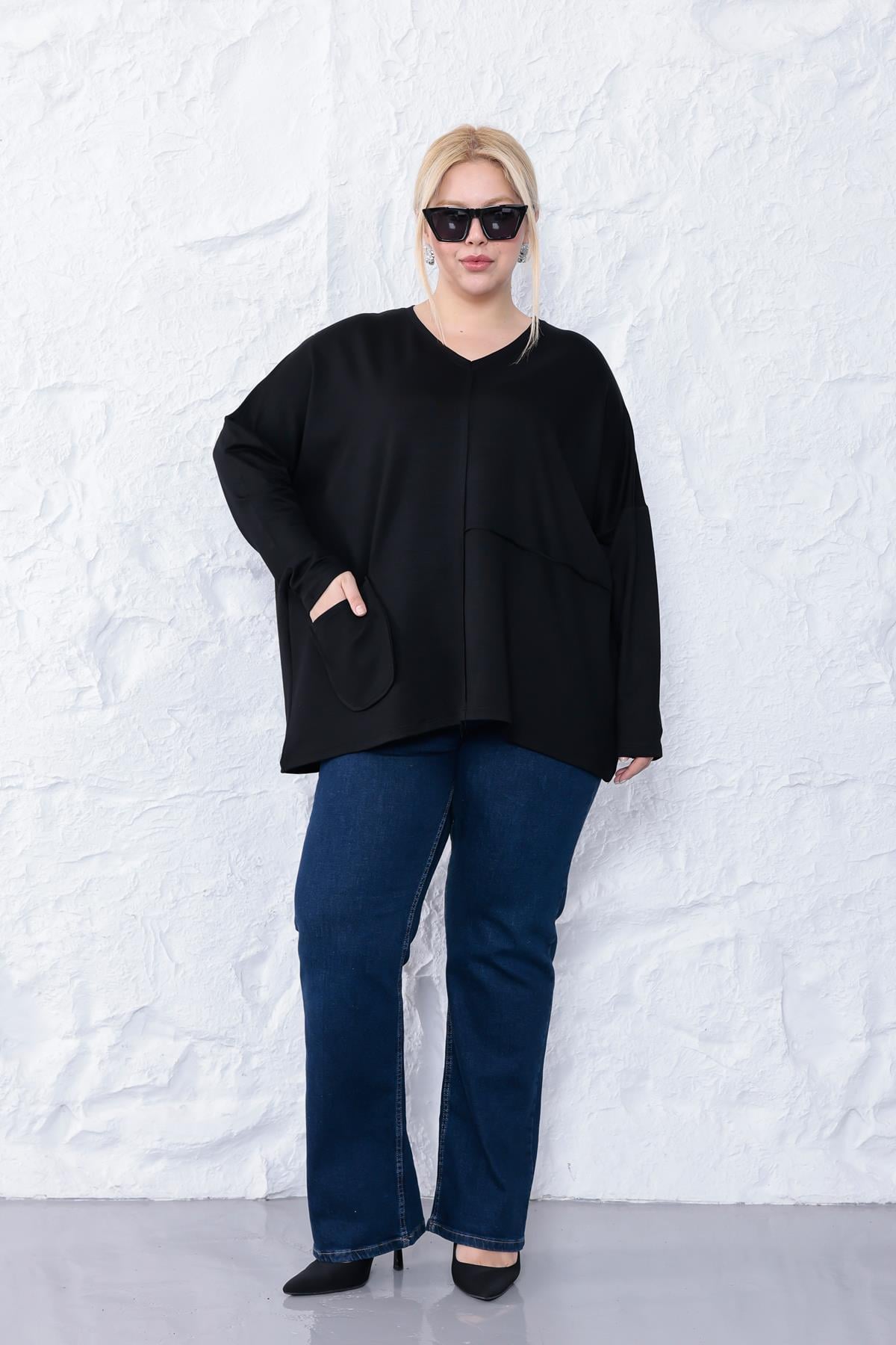 Uzun Kol Bluz Büyük Beden Oversize Cep Detaylı Modal Bluz
