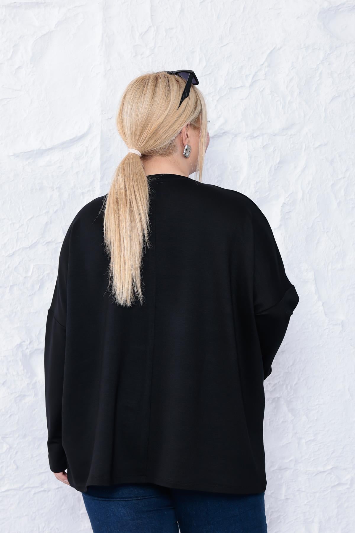Uzun Kol Bluz Büyük Beden Oversize Cep Detaylı Modal Bluz