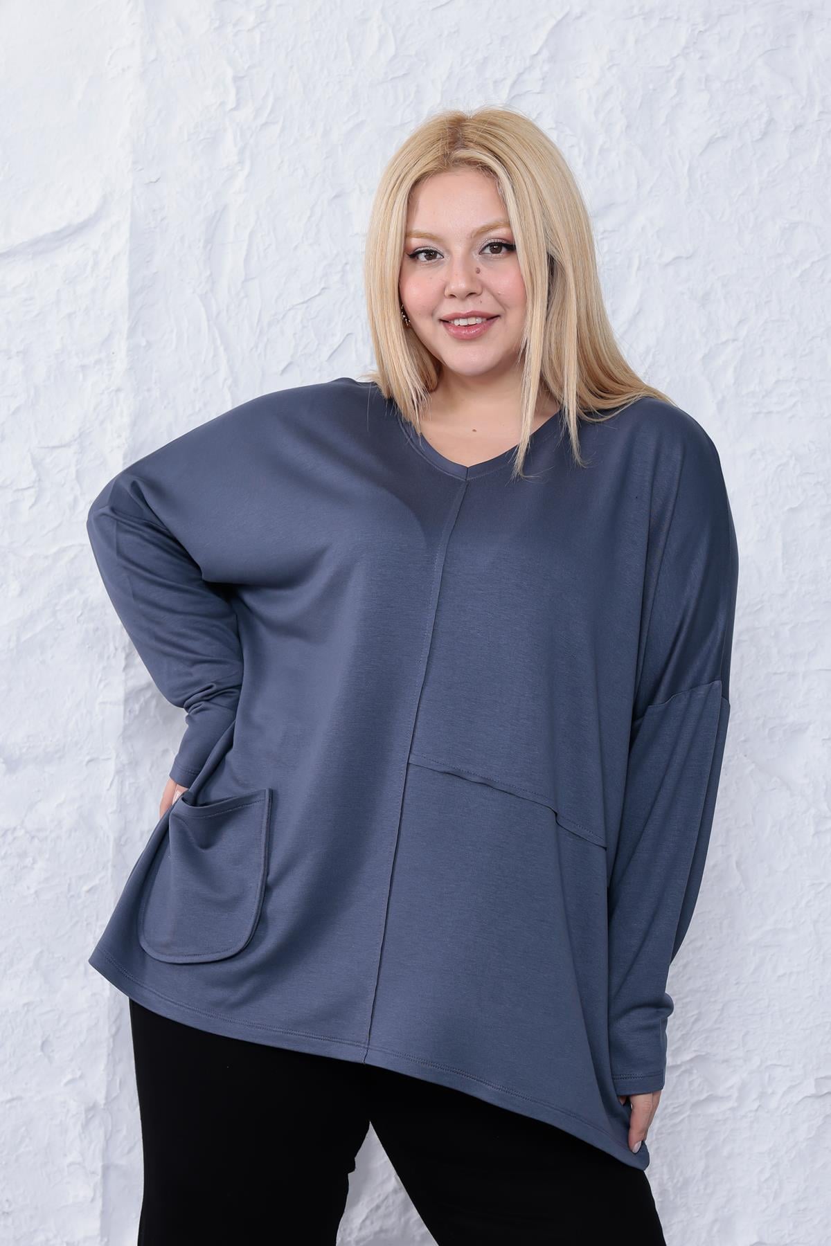 Uzun Kol Bluz Büyük Beden Oversize Cep Detaylı Modal Bluz