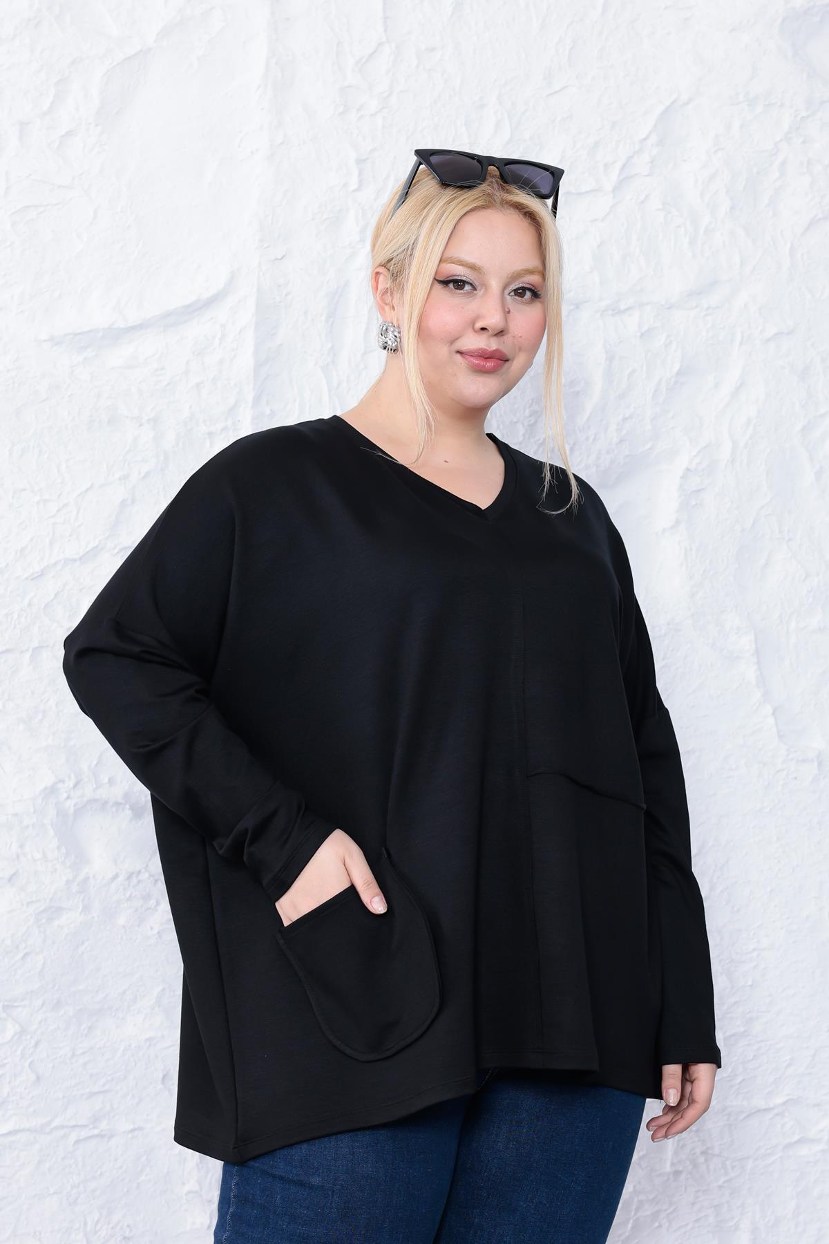 Uzun Kol Bluz Büyük Beden Oversize Cep Detaylı Modal Bluz