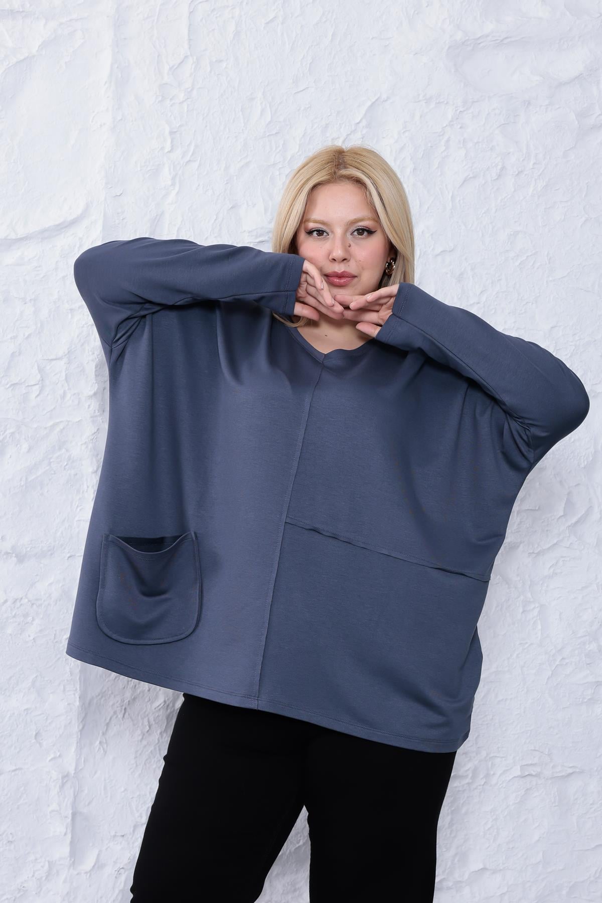 Uzun Kol Bluz Büyük Beden Oversize Cep Detaylı Modal Bluz