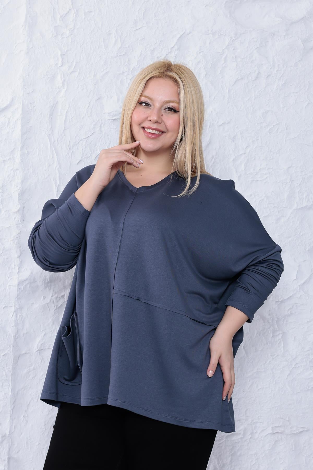 Uzun Kol Bluz Büyük Beden Oversize Cep Detaylı Modal Bluz