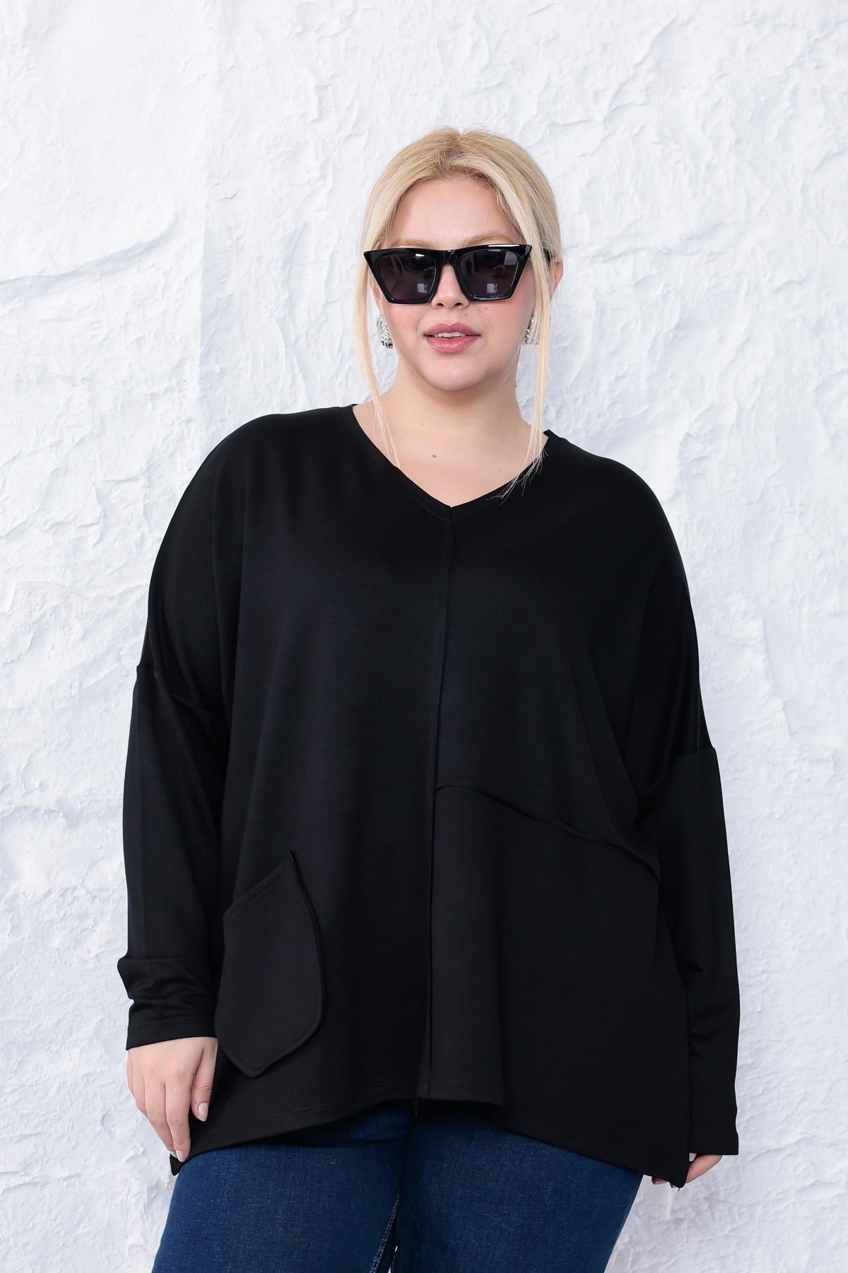 Uzun Kol Bluz Büyük Beden Oversize Cep Detaylı Modal Bluz