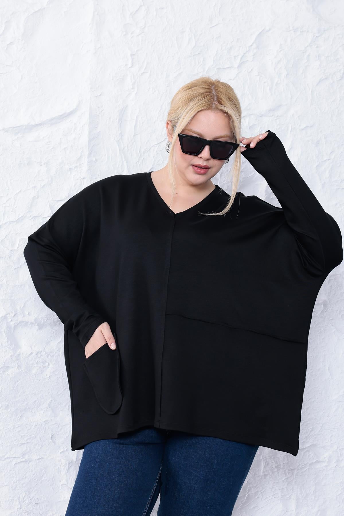 Uzun Kol Bluz Büyük Beden Oversize Cep Detaylı Modal Bluz