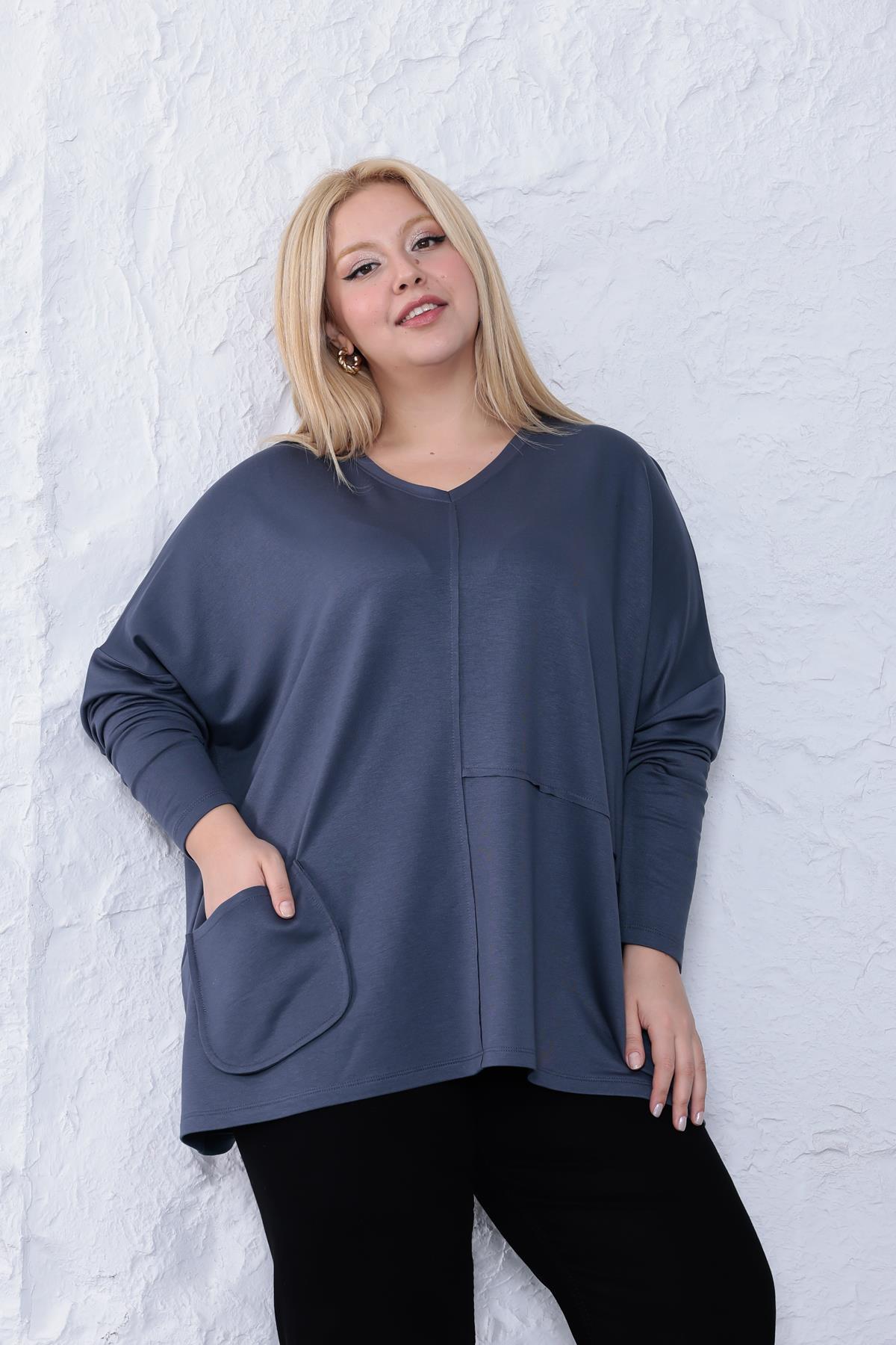 Uzun Kol Bluz Büyük Beden Oversize Cep Detaylı Modal Bluz