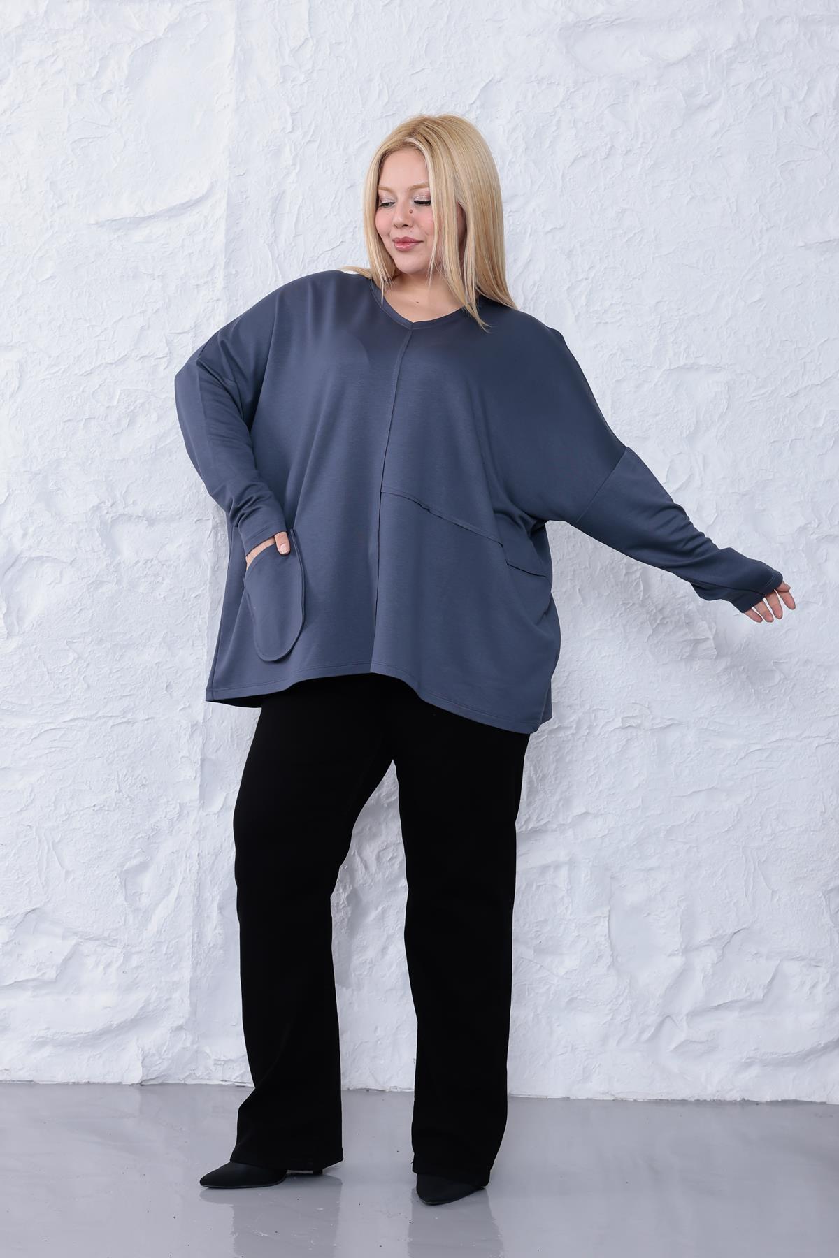 Uzun Kol Bluz Büyük Beden Oversize Cep Detaylı Modal Bluz