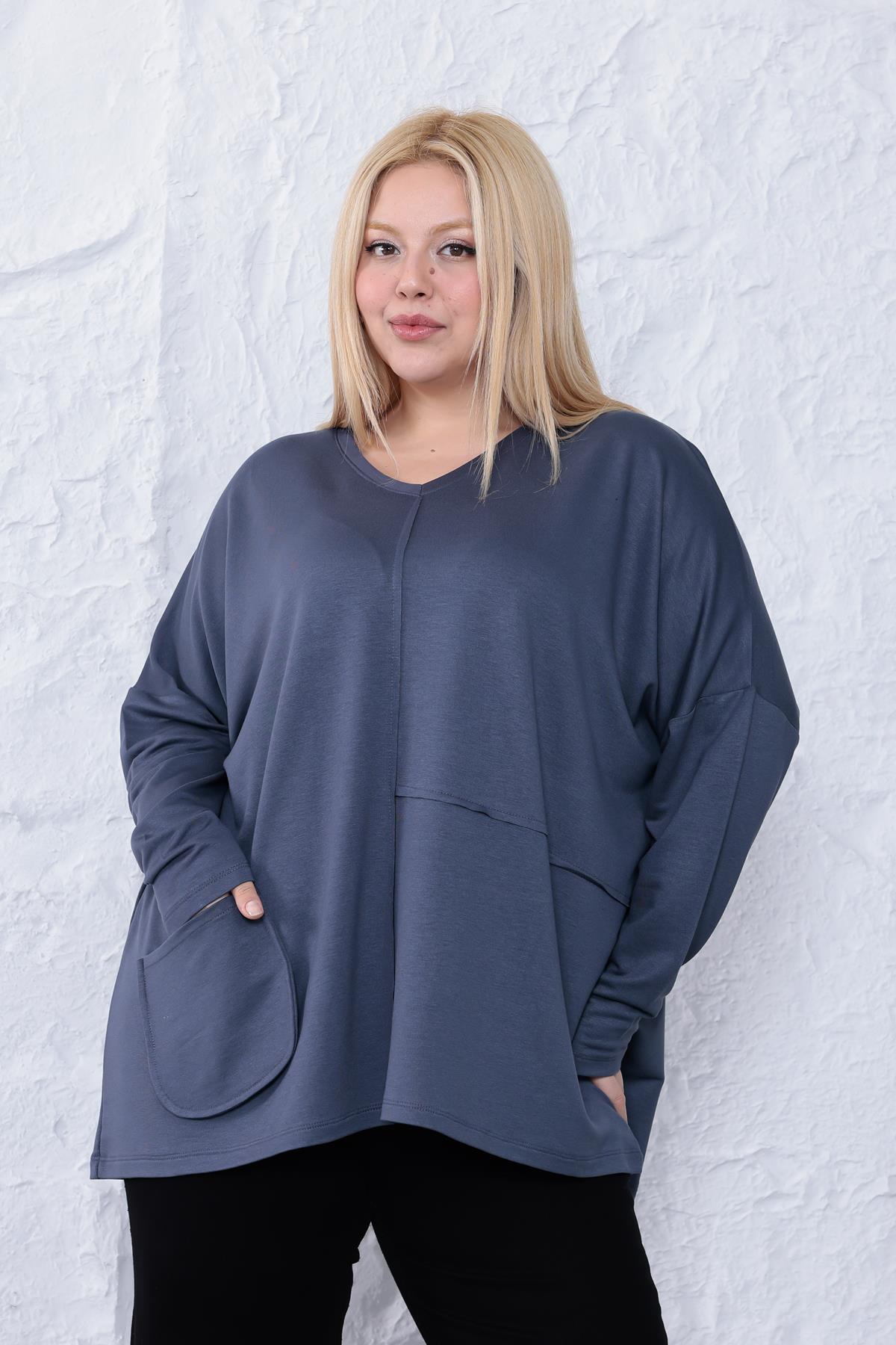 Uzun Kol Bluz Büyük Beden Oversize Cep Detaylı Modal Bluz