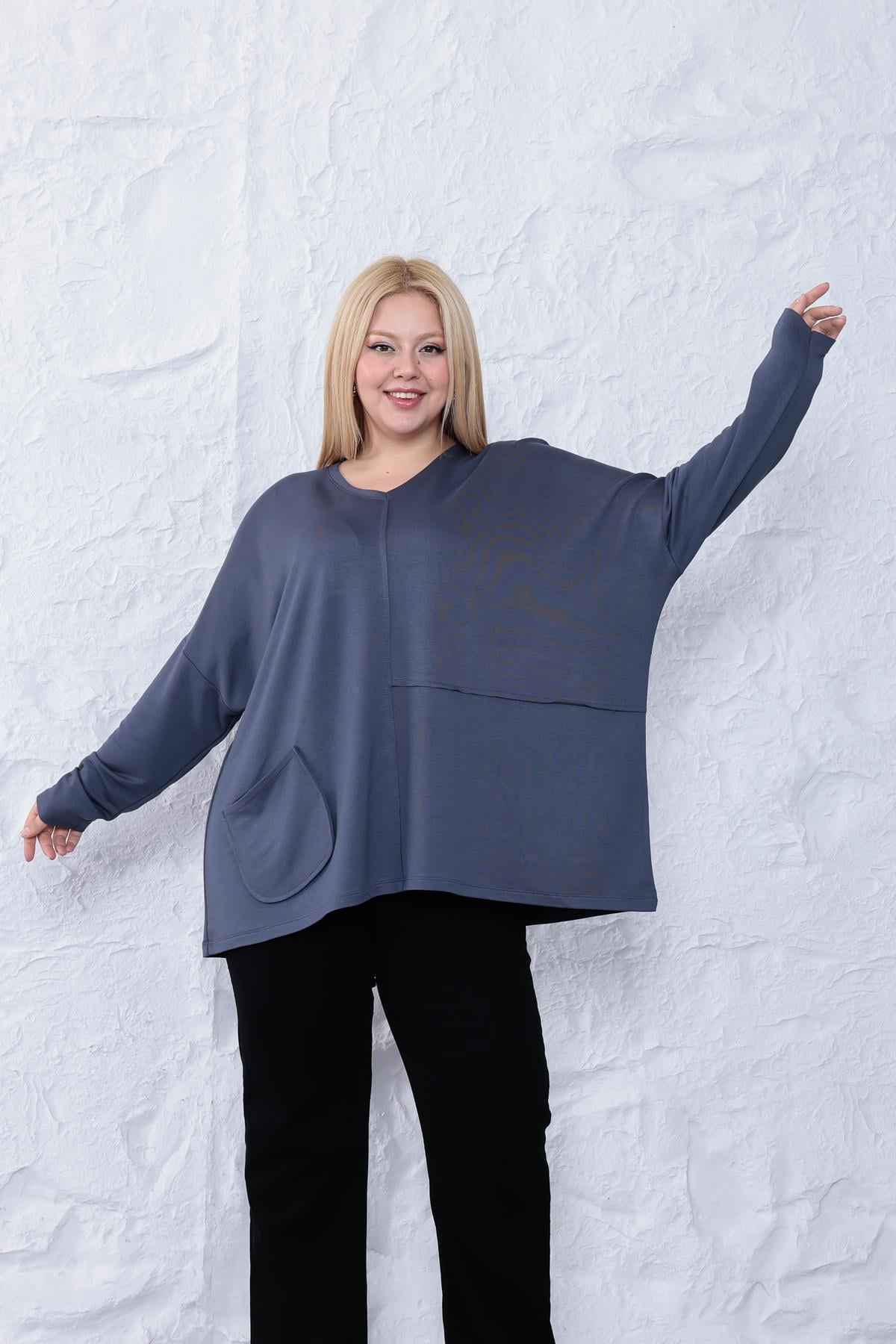 Uzun Kol Bluz Büyük Beden Oversize Cep Detaylı Modal Bluz