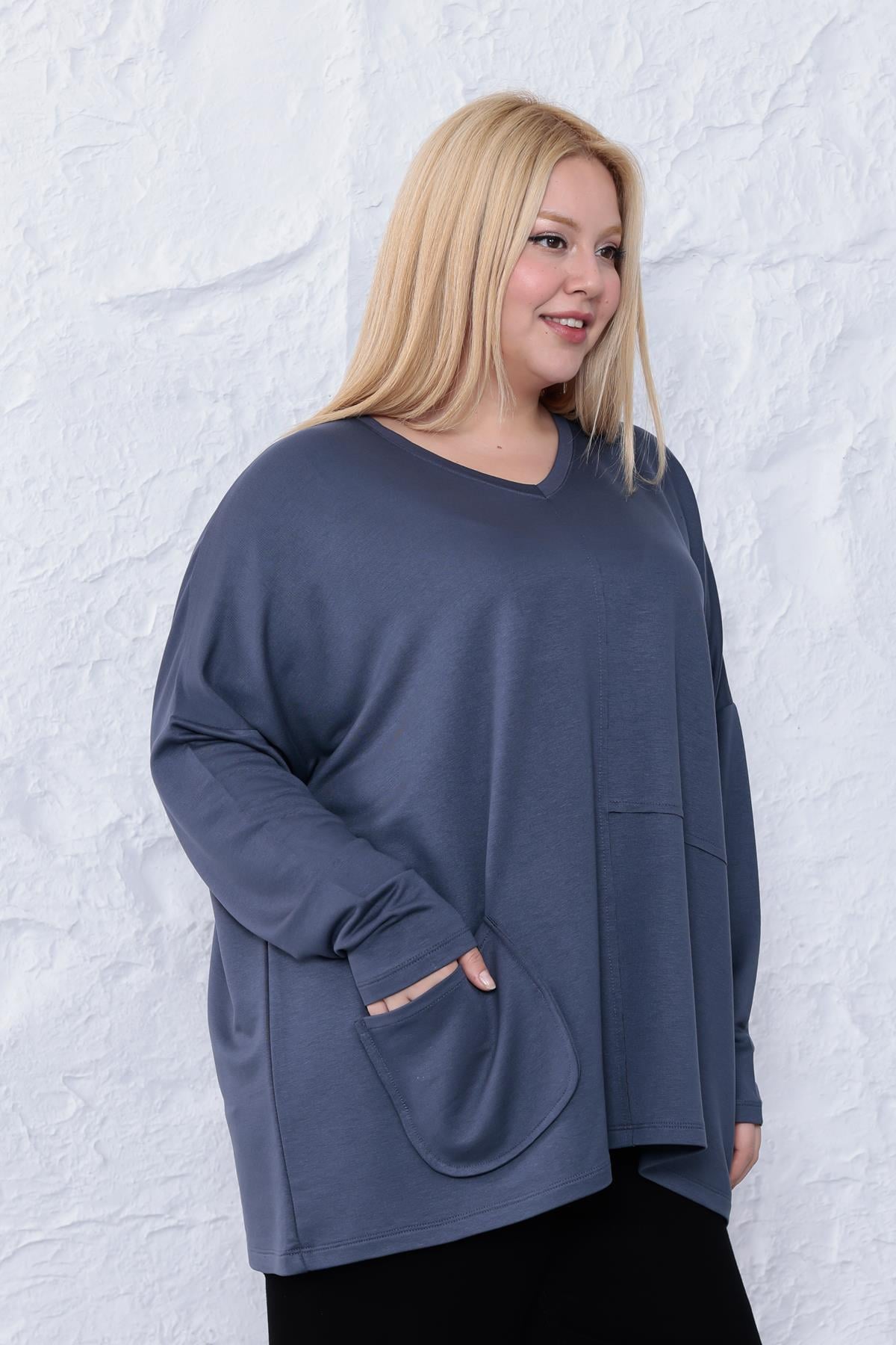 Uzun Kol Bluz Büyük Beden Oversize Cep Detaylı Modal Bluz