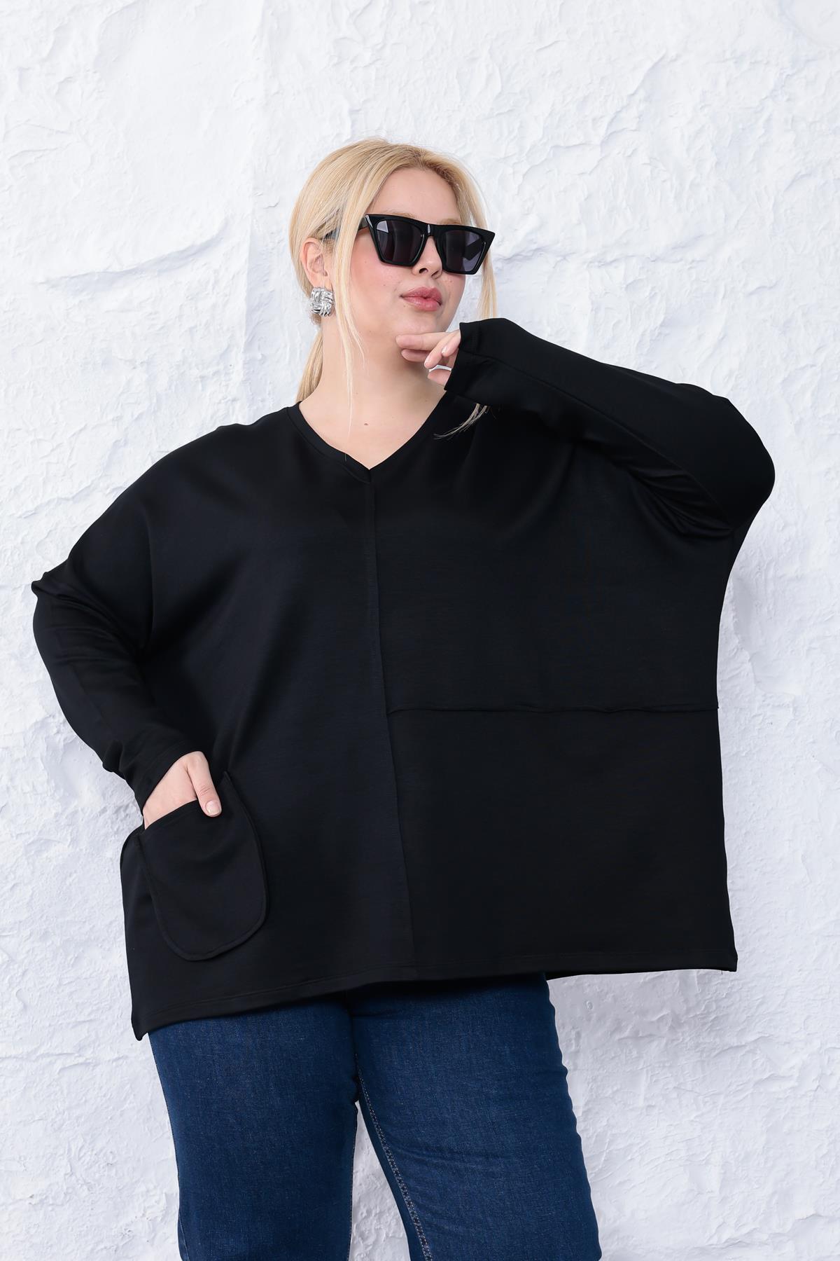 Uzun Kol Bluz Büyük Beden Oversize Cep Detaylı Modal Bluz