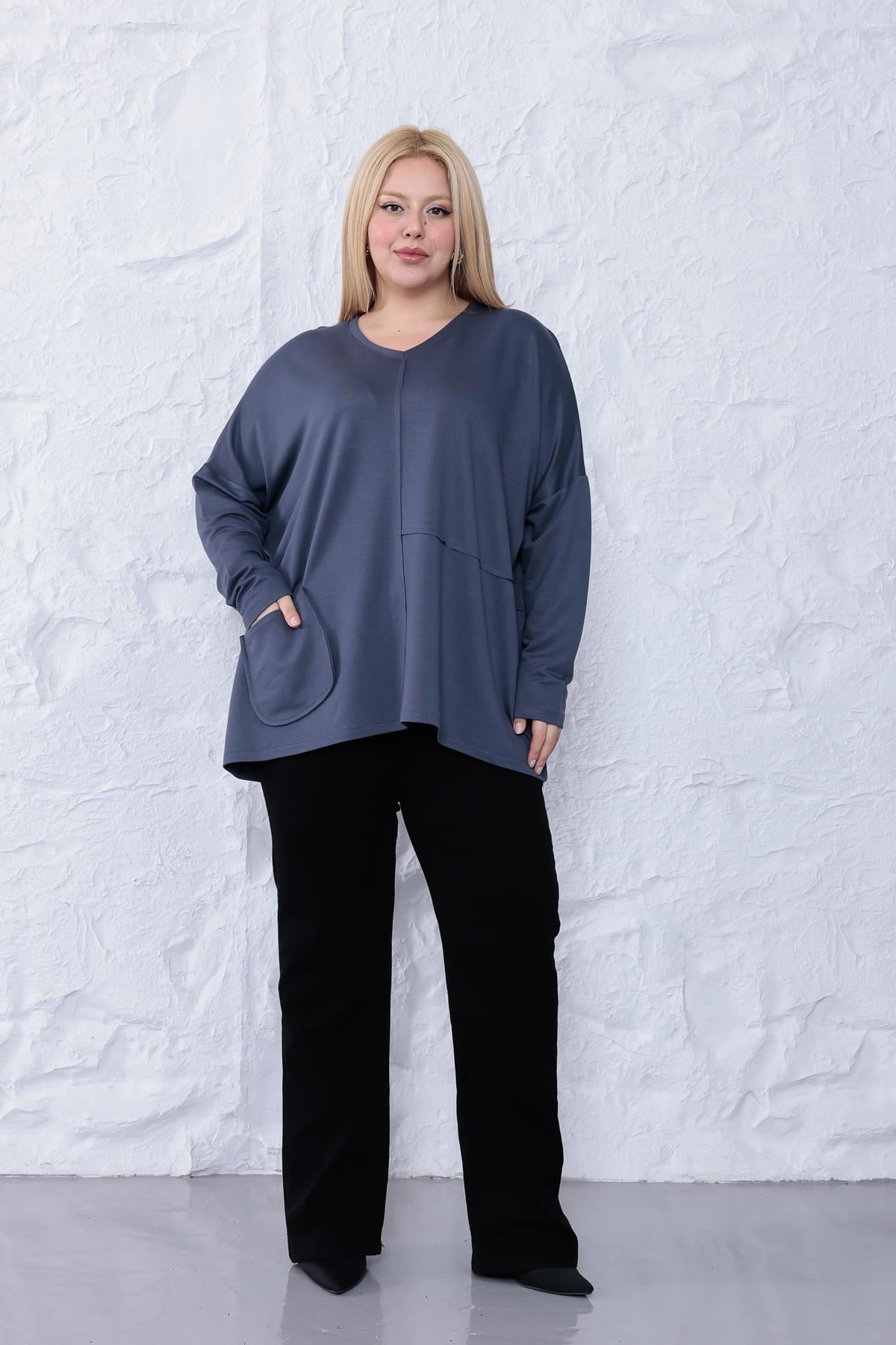 Uzun Kol Bluz Büyük Beden Oversize Cep Detaylı Modal Bluz