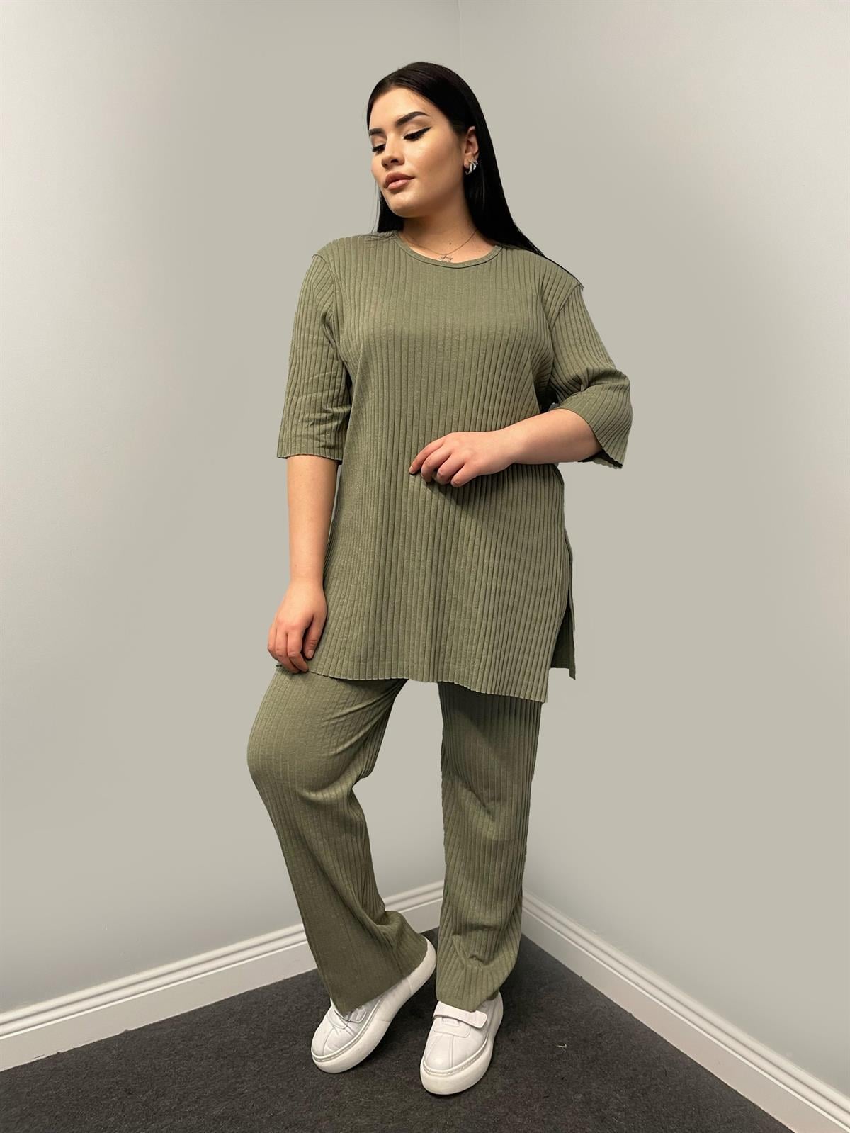 İkili Takım Büyük Beden Oversize Likralı Pamuklu Yazlık İkili Takım Mint Yeşili