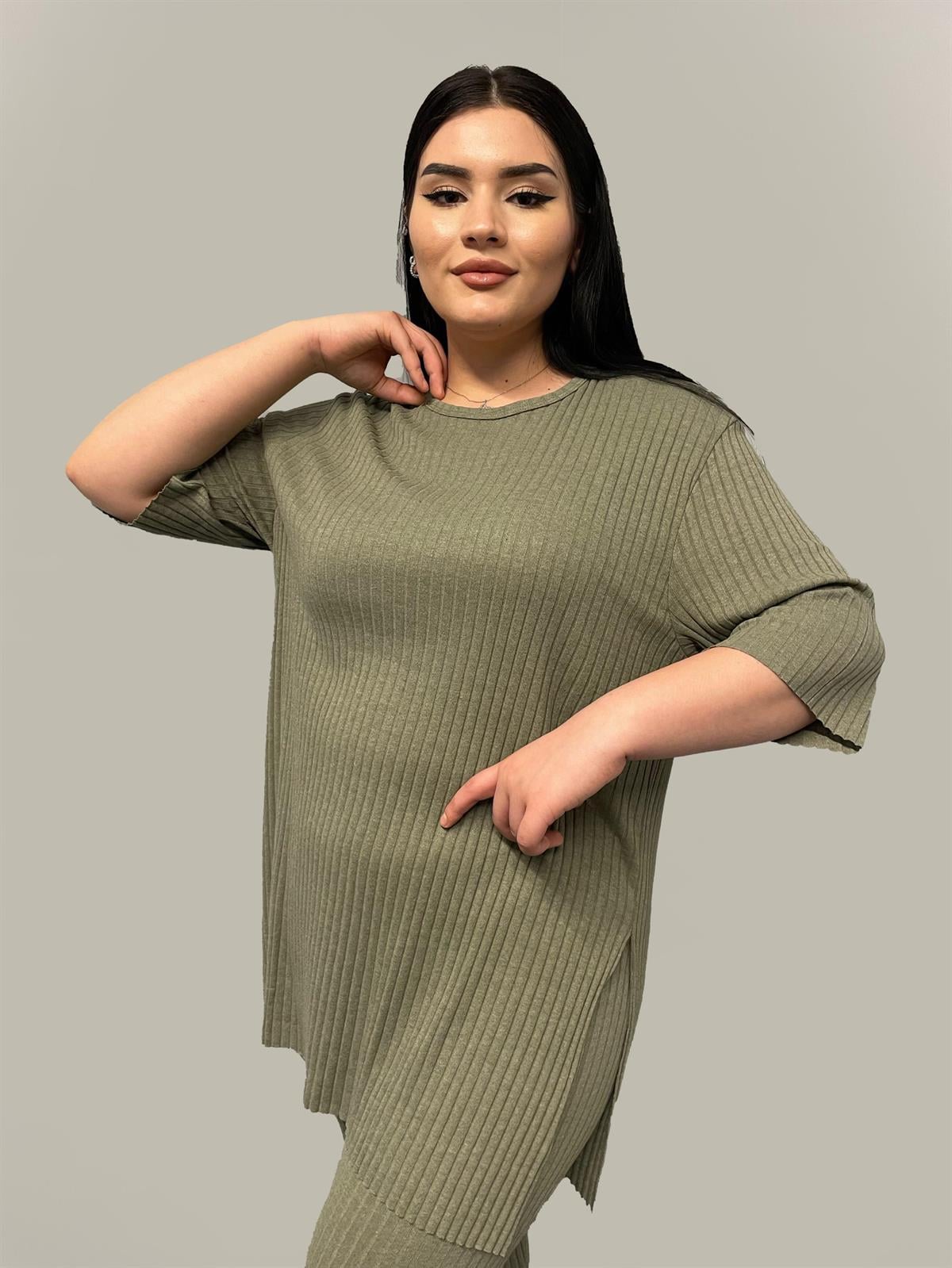 İkili Takım Büyük Beden Oversize Likralı Pamuklu Yazlık İkili Takım Mint Yeşili