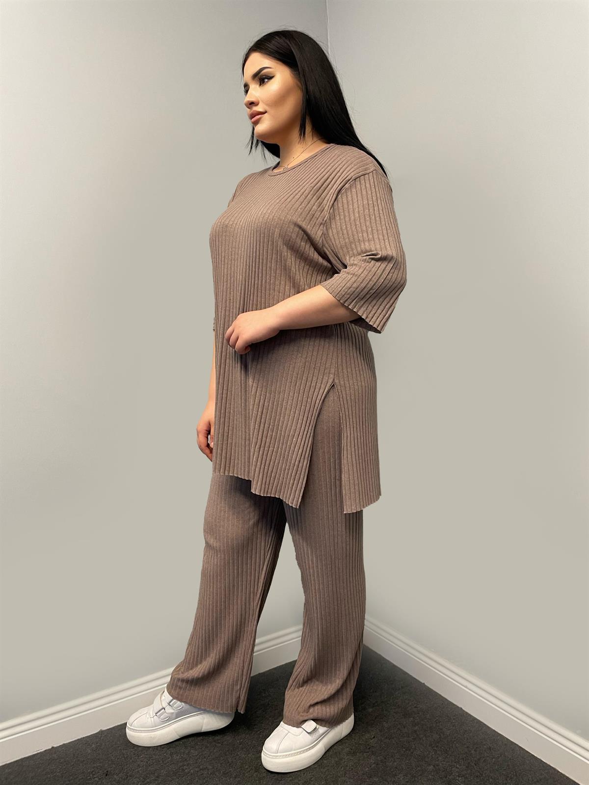 İkili Takım Büyük Beden Oversize Likralı Pamuklu Yazlık İkili Takım Sütlü Kahve
