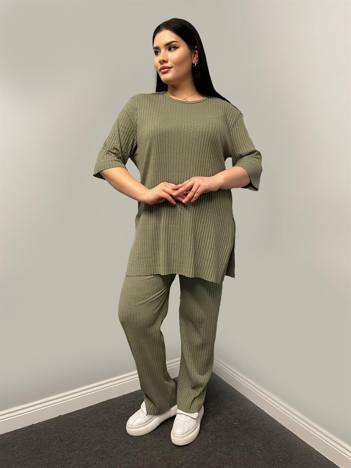 İkili Takım Büyük Beden Oversize Likralı Pamuklu Yazlık İkili Takım Mint Yeşili