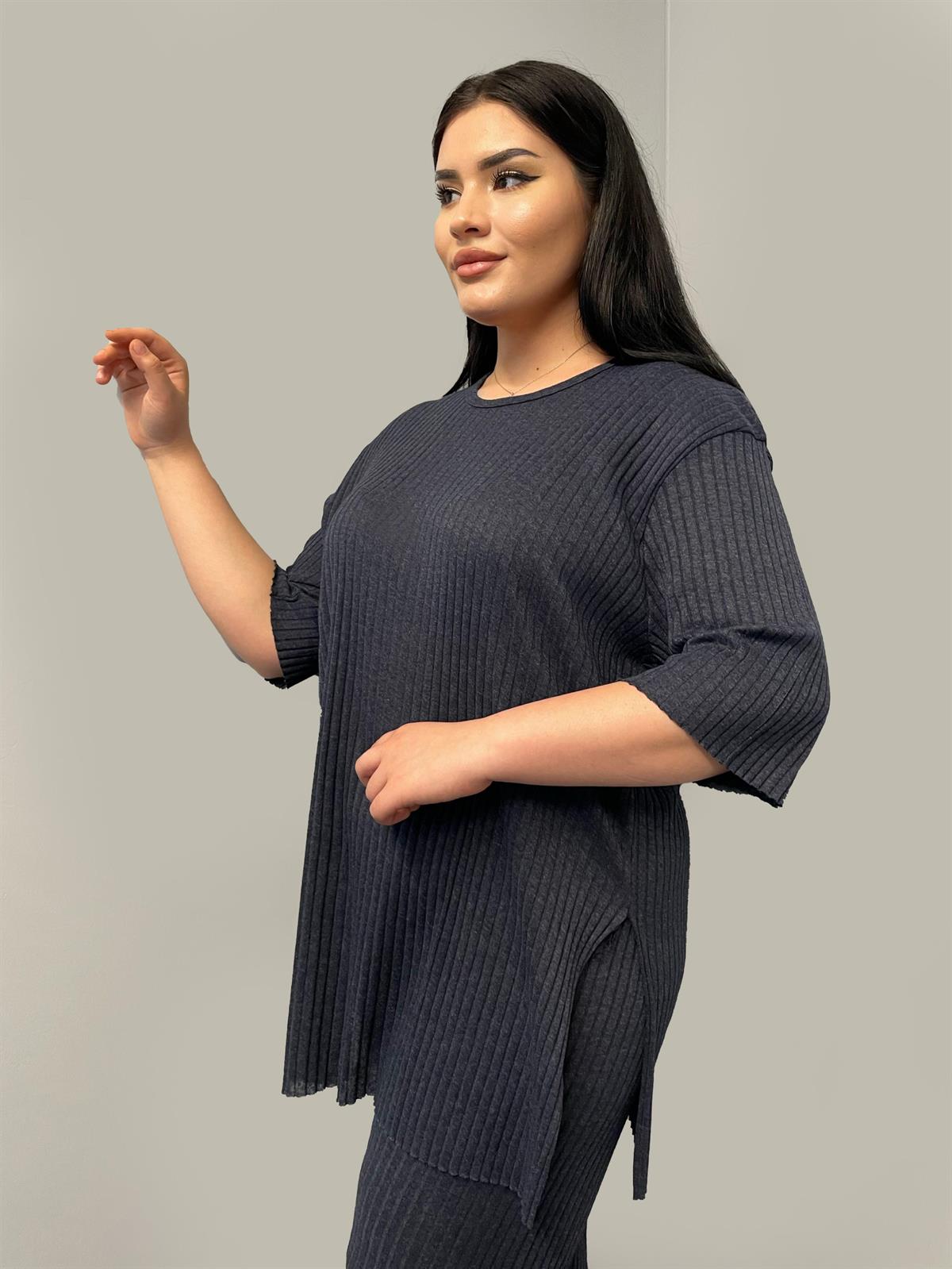İkili Takım Büyük Beden Oversize Likralı Pamuklu Yazlık İkili Takım Lacivert