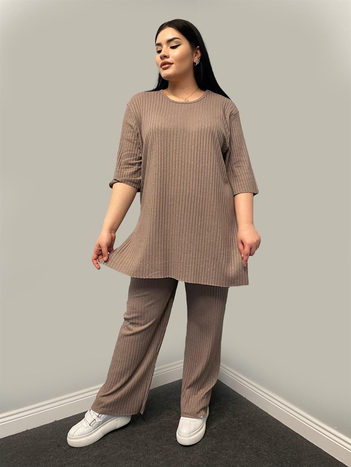 İkili Takım Büyük Beden Oversize Likralı Pamuklu Yazlık İkili Takım Sütlü Kahve