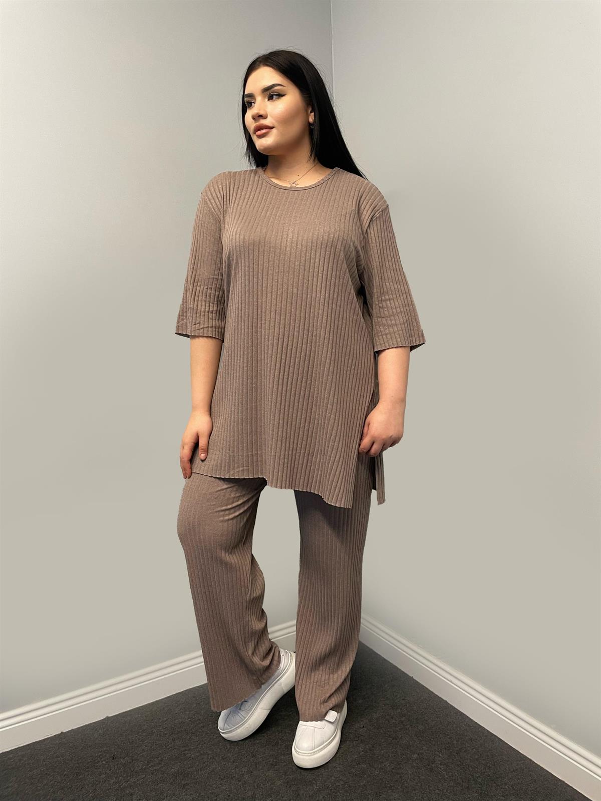 İkili Takım Büyük Beden Oversize Likralı Pamuklu Yazlık İkili Takım Sütlü Kahve