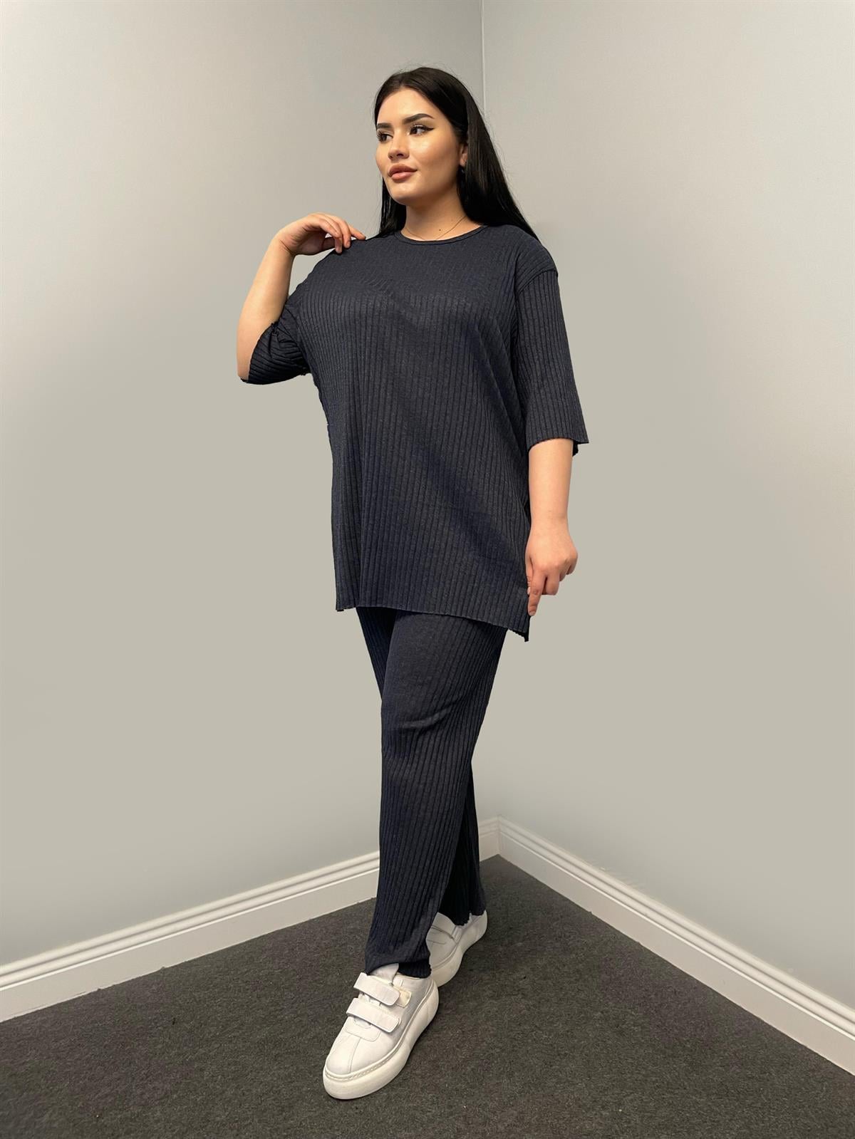 İkili Takım Büyük Beden Oversize Likralı Pamuklu Yazlık İkili Takım Lacivert