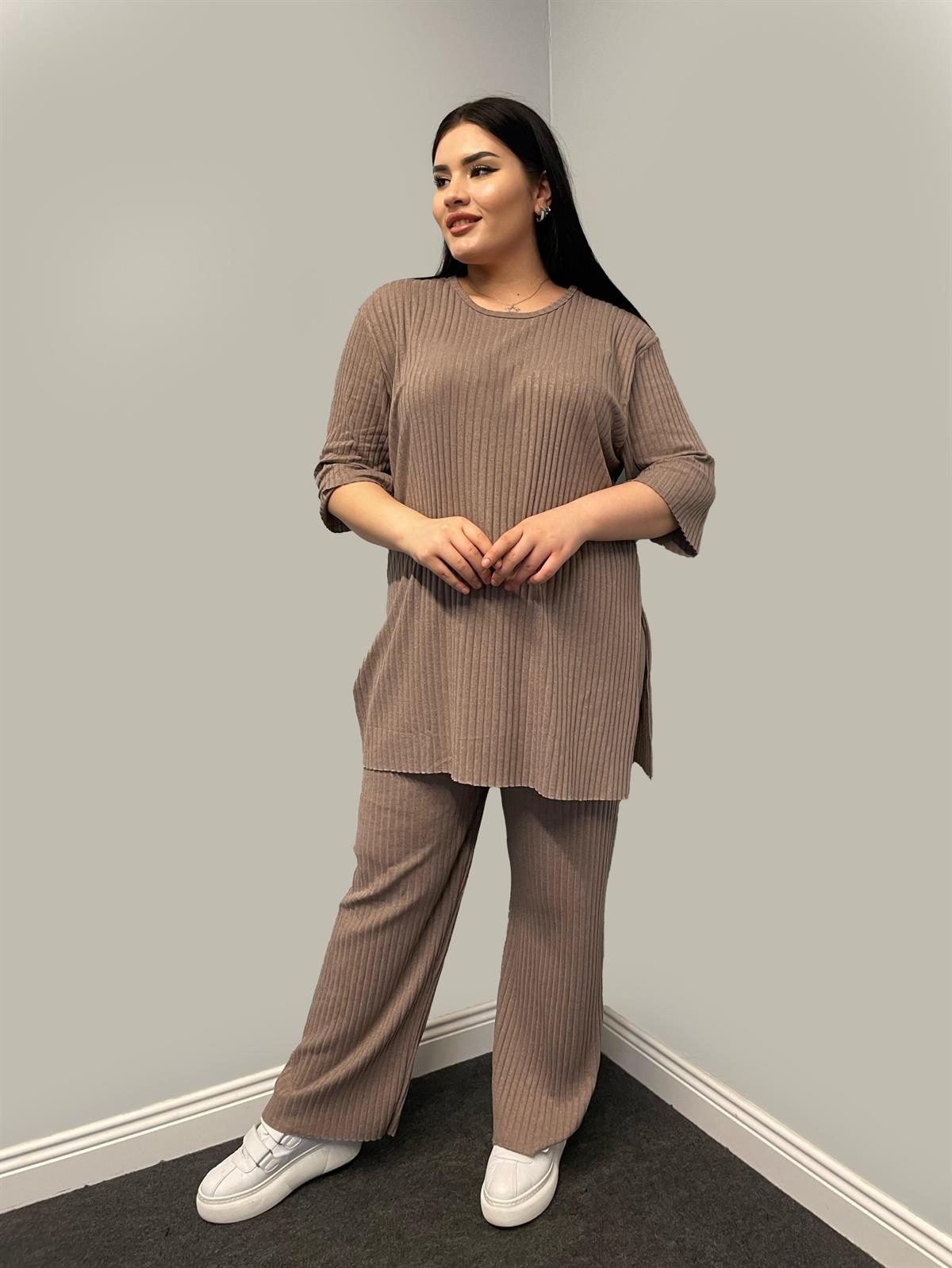 İkili Takım Büyük Beden Oversize Likralı Pamuklu Yazlık İkili Takım Sütlü Kahve