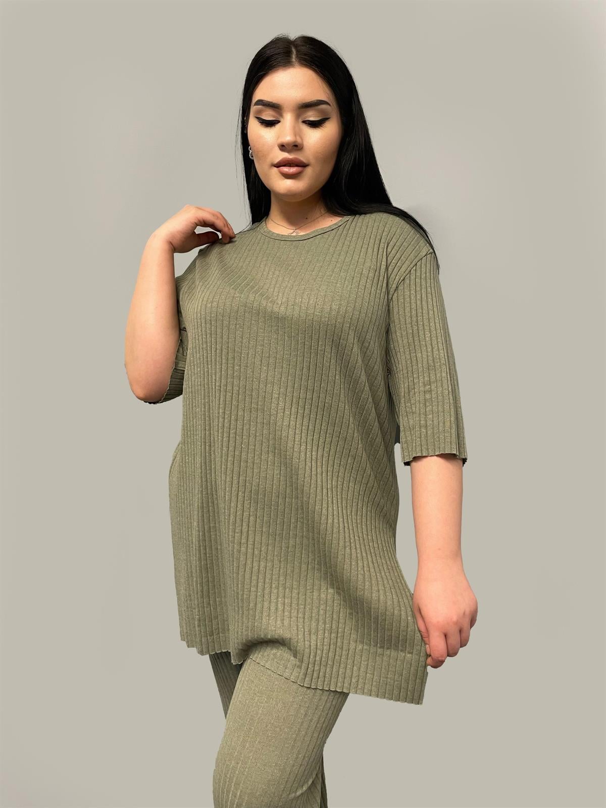 İkili Takım Büyük Beden Oversize Likralı Pamuklu Yazlık İkili Takım Mint Yeşili