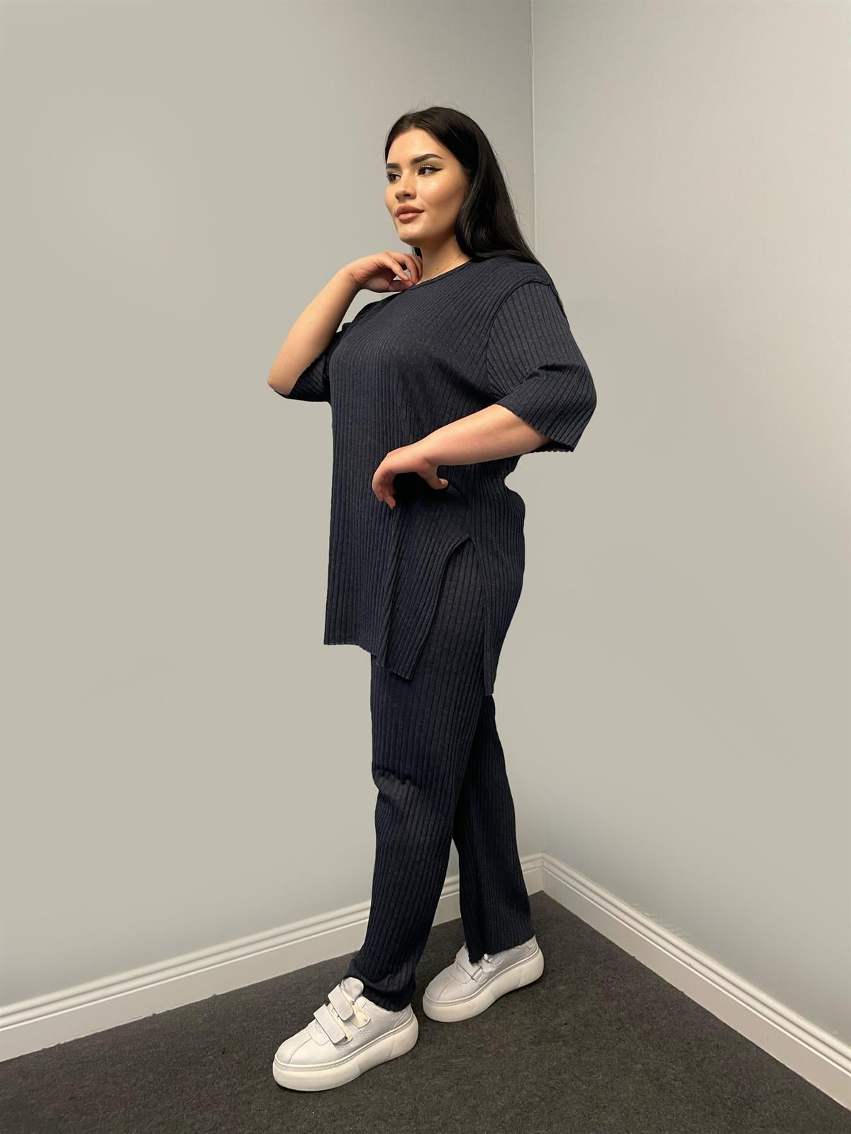 İkili Takım Büyük Beden Oversize Likralı Pamuklu Yazlık İkili Takım Lacivert