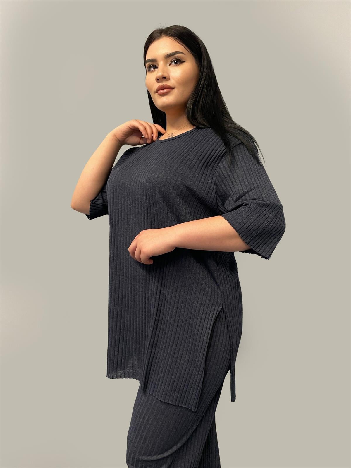 İkili Takım Büyük Beden Oversize Likralı Pamuklu Yazlık İkili Takım Lacivert