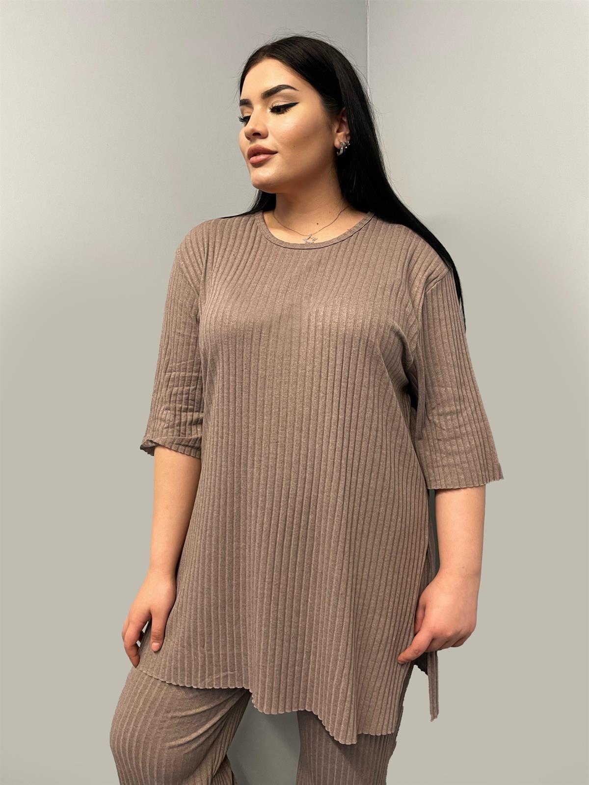 İkili Takım Büyük Beden Oversize Likralı Pamuklu Yazlık İkili Takım Sütlü Kahve