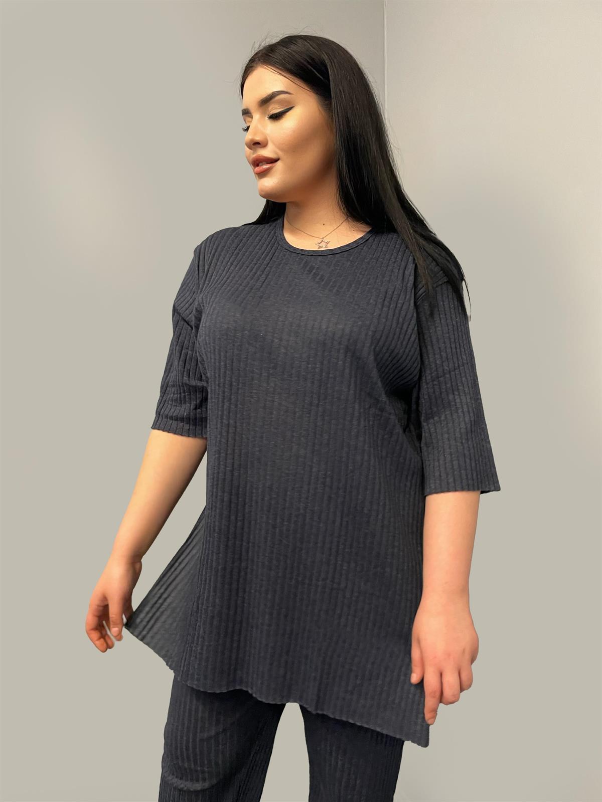 İkili Takım Büyük Beden Oversize Likralı Pamuklu Yazlık İkili Takım Lacivert