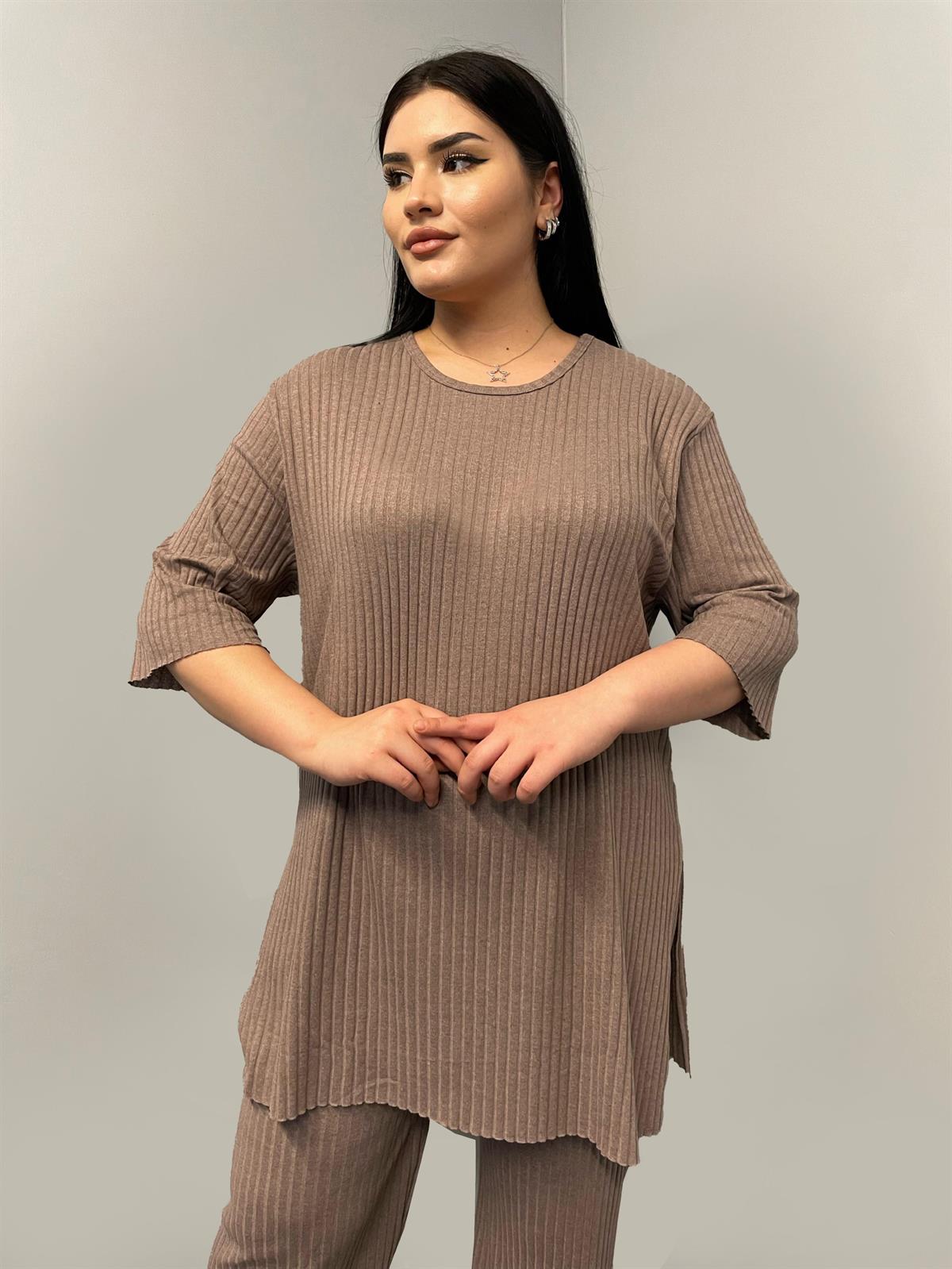 İkili Takım Büyük Beden Oversize Likralı Pamuklu Yazlık İkili Takım Sütlü Kahve