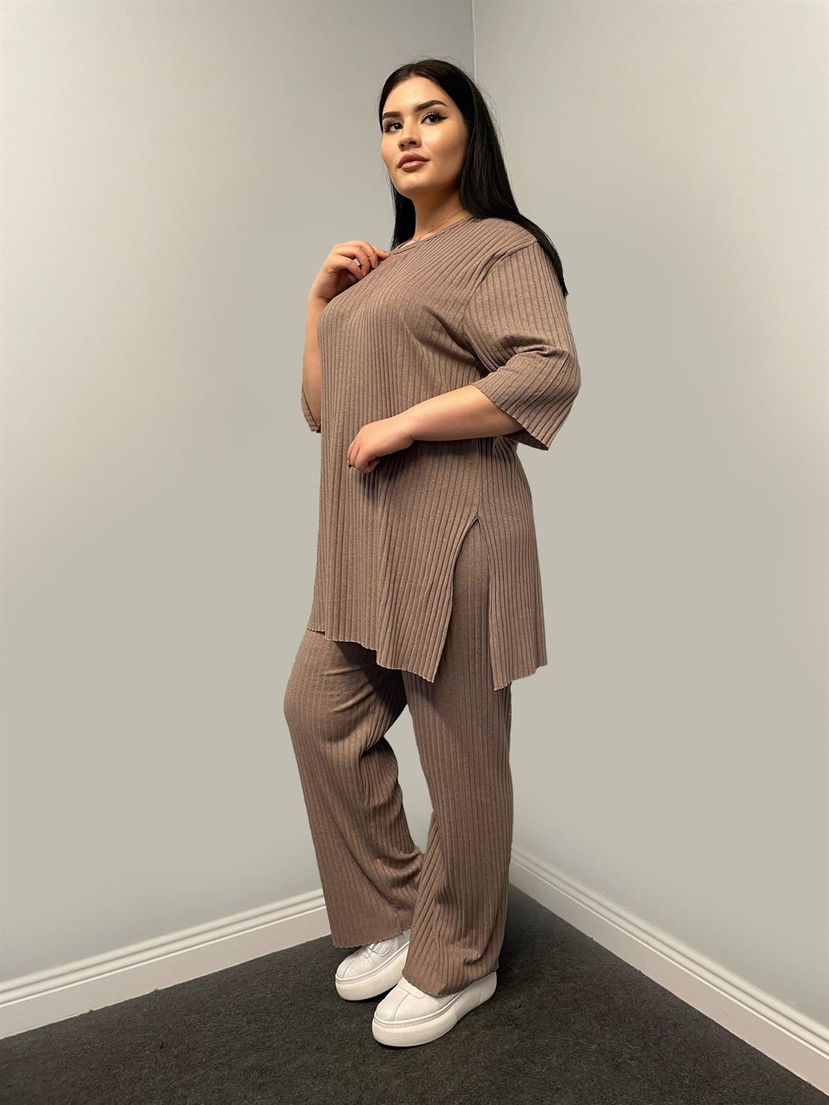 İkili Takım Büyük Beden Oversize Likralı Pamuklu Yazlık İkili Takım Sütlü Kahve