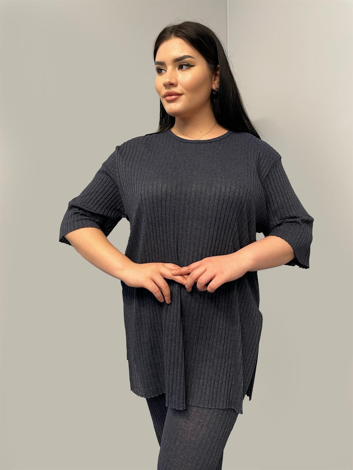 İkili Takım Büyük Beden Oversize Likralı Pamuklu Yazlık İkili Takım Lacivert