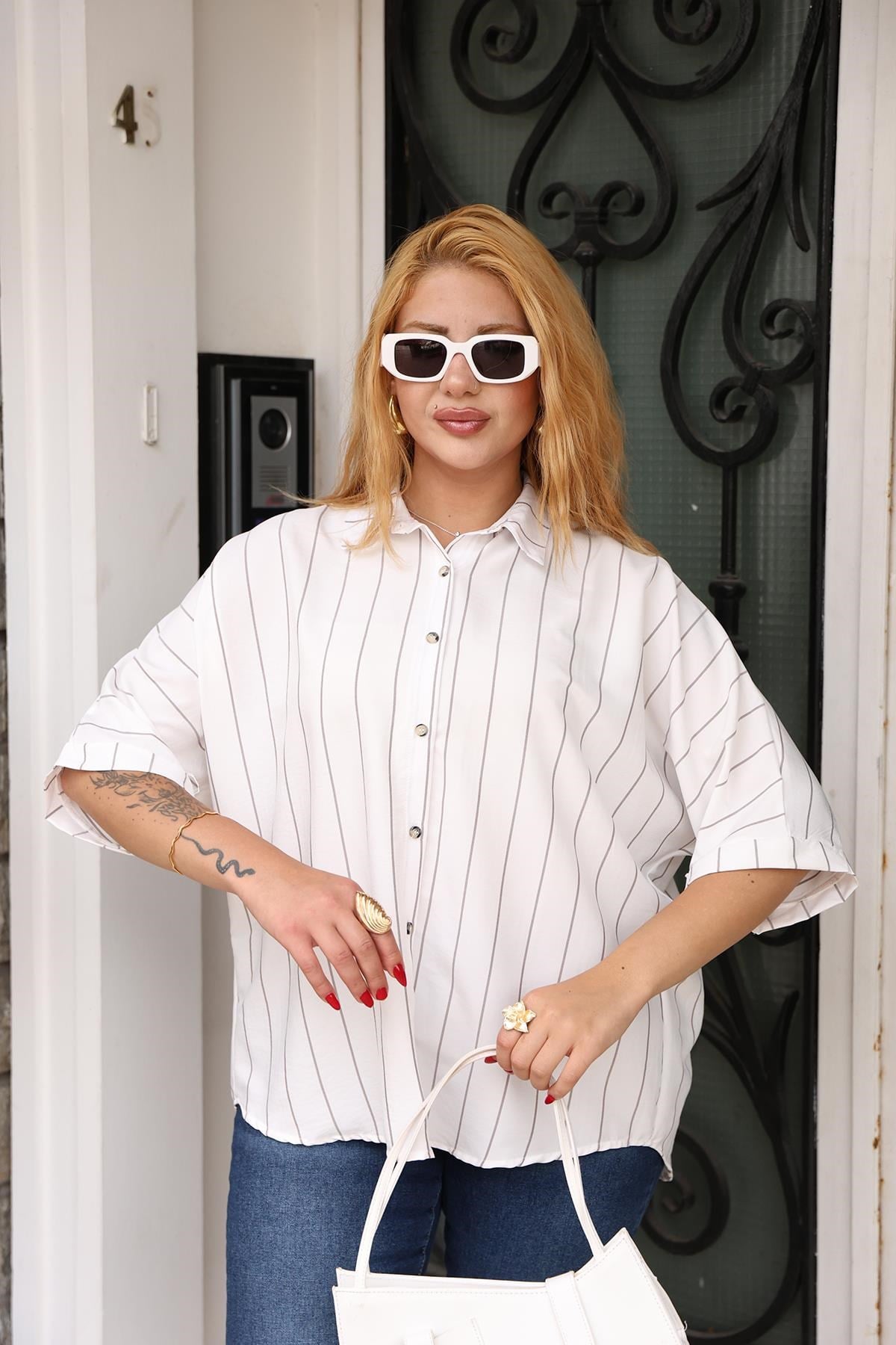 Gömlek Büyük Beden Oversize Tencel Çizgili Gömlek