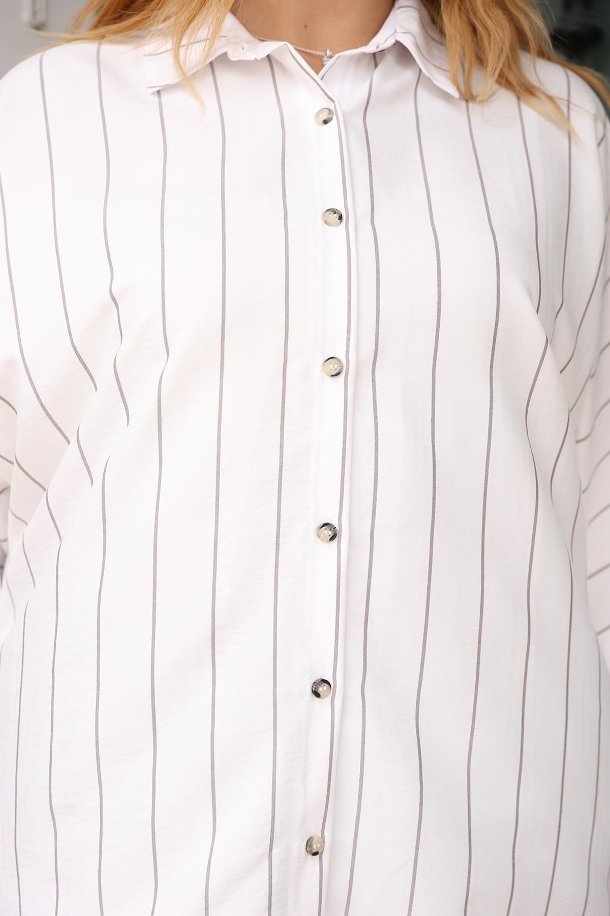 Gömlek Büyük Beden Oversize Tencel Çizgili Gömlek