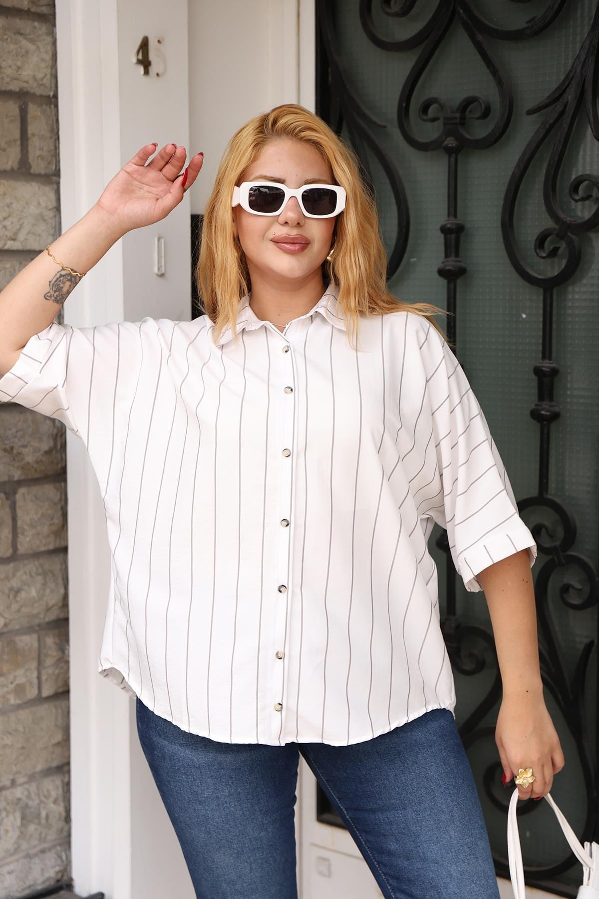 Gömlek Büyük Beden Oversize Tencel Çizgili Gömlek