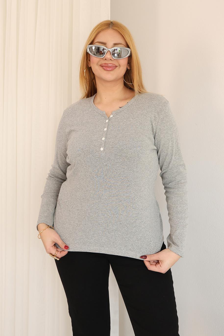 Uzun Kol Bluz Büyük Beden Pamuklu Likralı Basıc Bluz